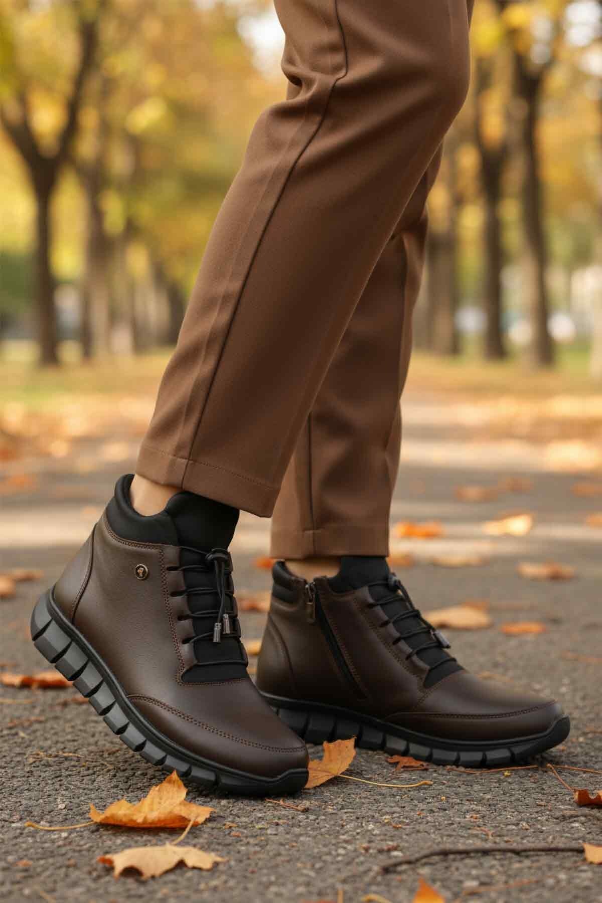 Kahve Hakiki Deri Lastik Bağcıklı İçi Polarlı Kadın Bot 3615 Z