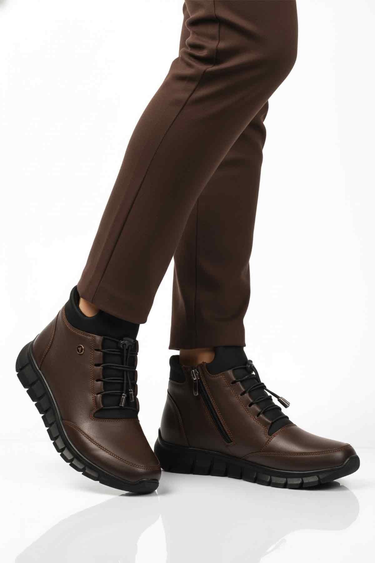 Kahve Hakiki Deri Lastik Bağcıklı İçi Polarlı Kadın Bot 3615 Z