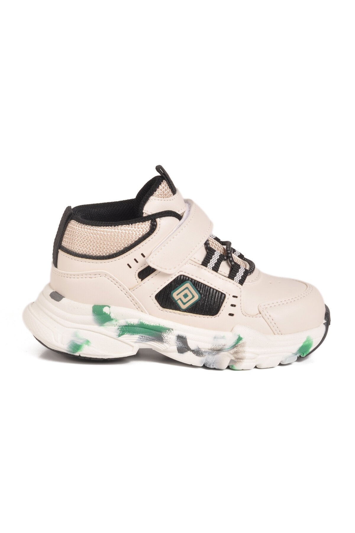 Krem-Siyah-Yeşil Cırtlı Çocuk Spor Ayakkabı 2063 B