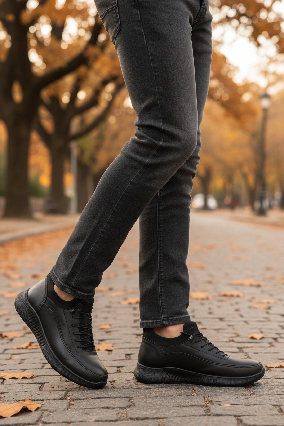 Siyah Floter Hakiki Deri Lastik Bağcıklı Erkek Günlük Ayakkabı 110 M