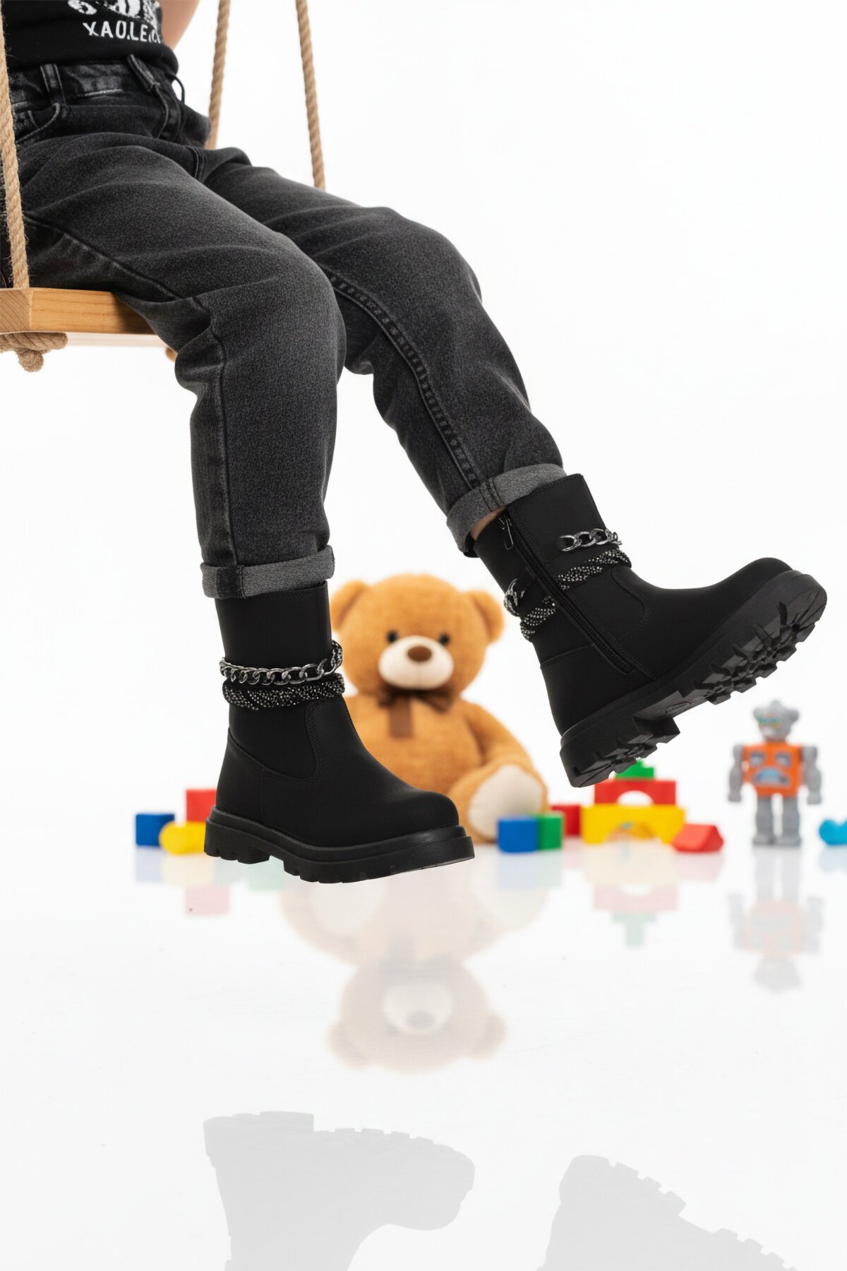Siyah Fermuarlı İçi Polarlı Çocuk Çizme Duru F