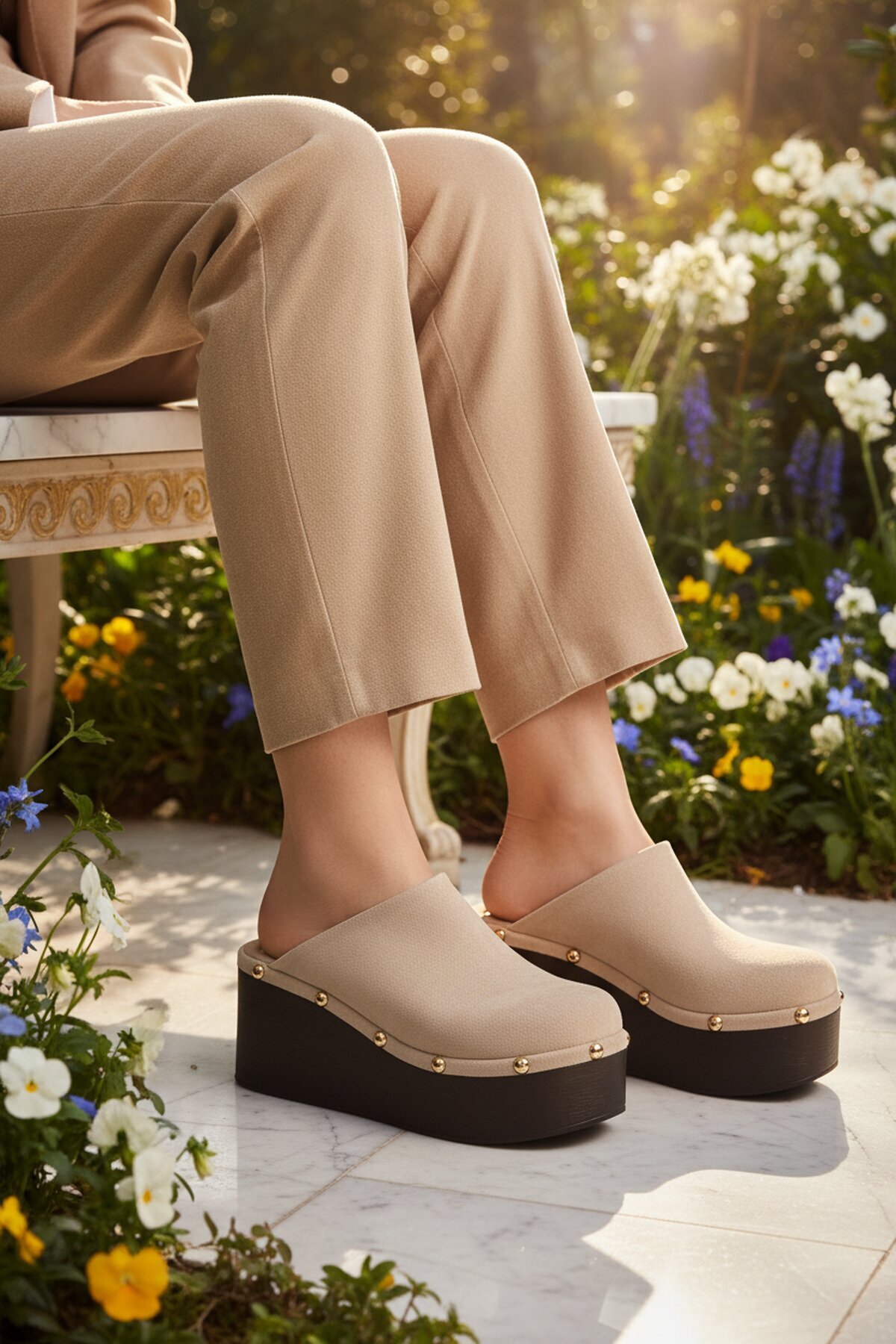 Bej Yüksek Tabanlı Tekstil Kadın Terlik 322220 Z