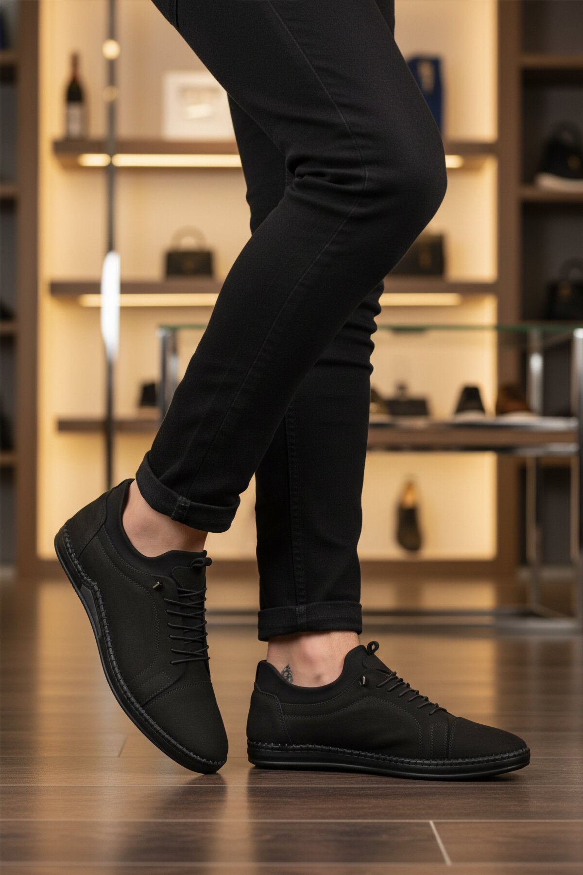 Siyah Nubuk Hakiki Deri Jel Tabanlı Lastik Bağcıklı Erkek Günlük Ayakkabı Premium 419 M