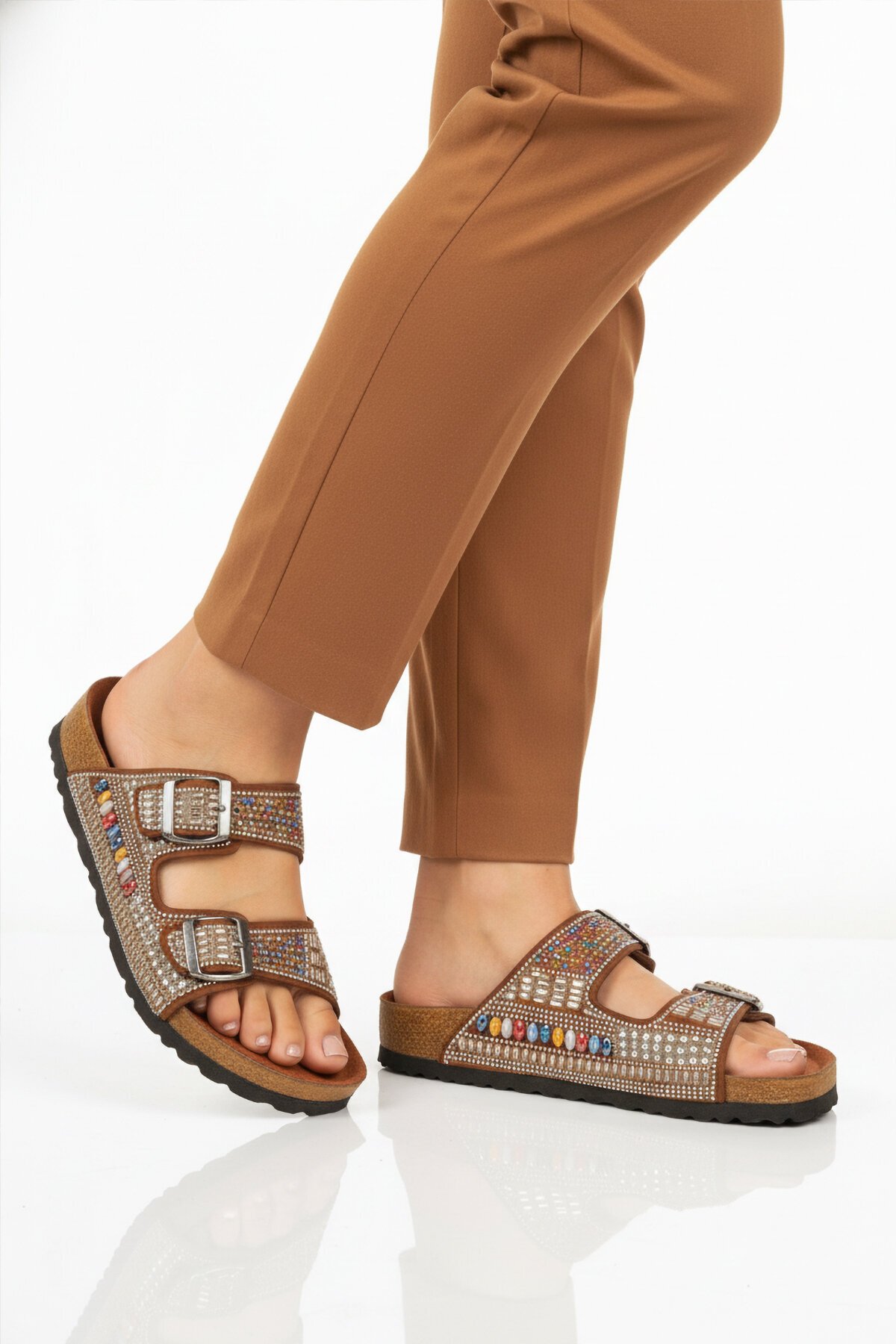 Taba Renkli Taş Detaylı Kadın Terlik PC-7304 Z