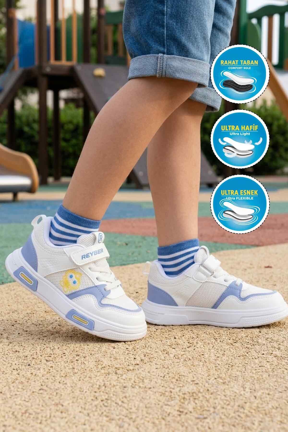 Beyaz-Mavi Hafif Cırtlı Erkek Çocuk Spor Ayakkabı 026 F