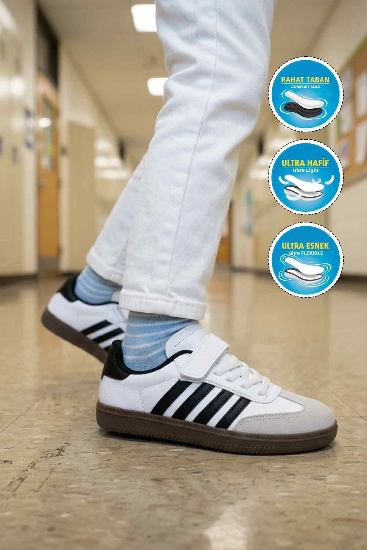 Beyaz-Siyah Cırtlı Erkek Çocuk Spor Ayakkabı 753 F