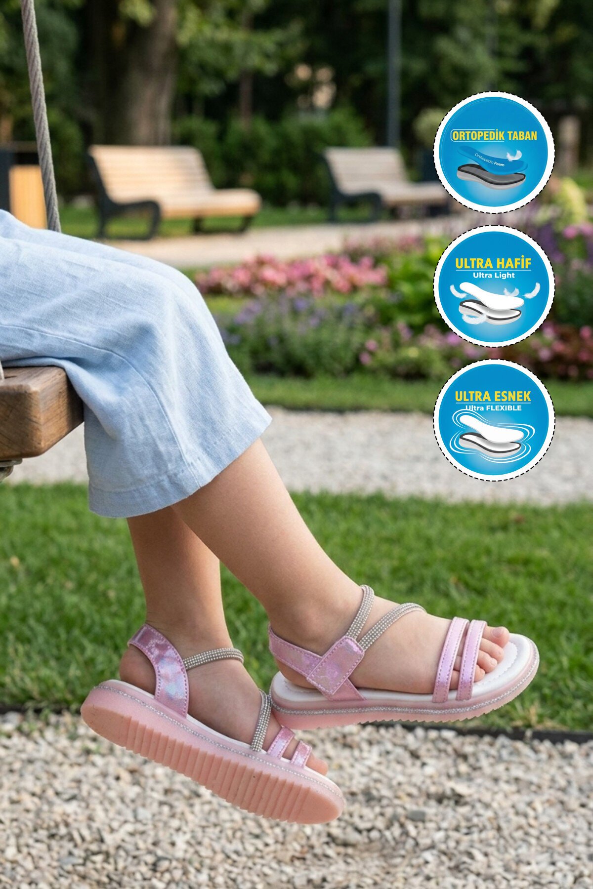 Pembe Ortopedik Taşlı Cırtlı Kız Çocuk Sandalet