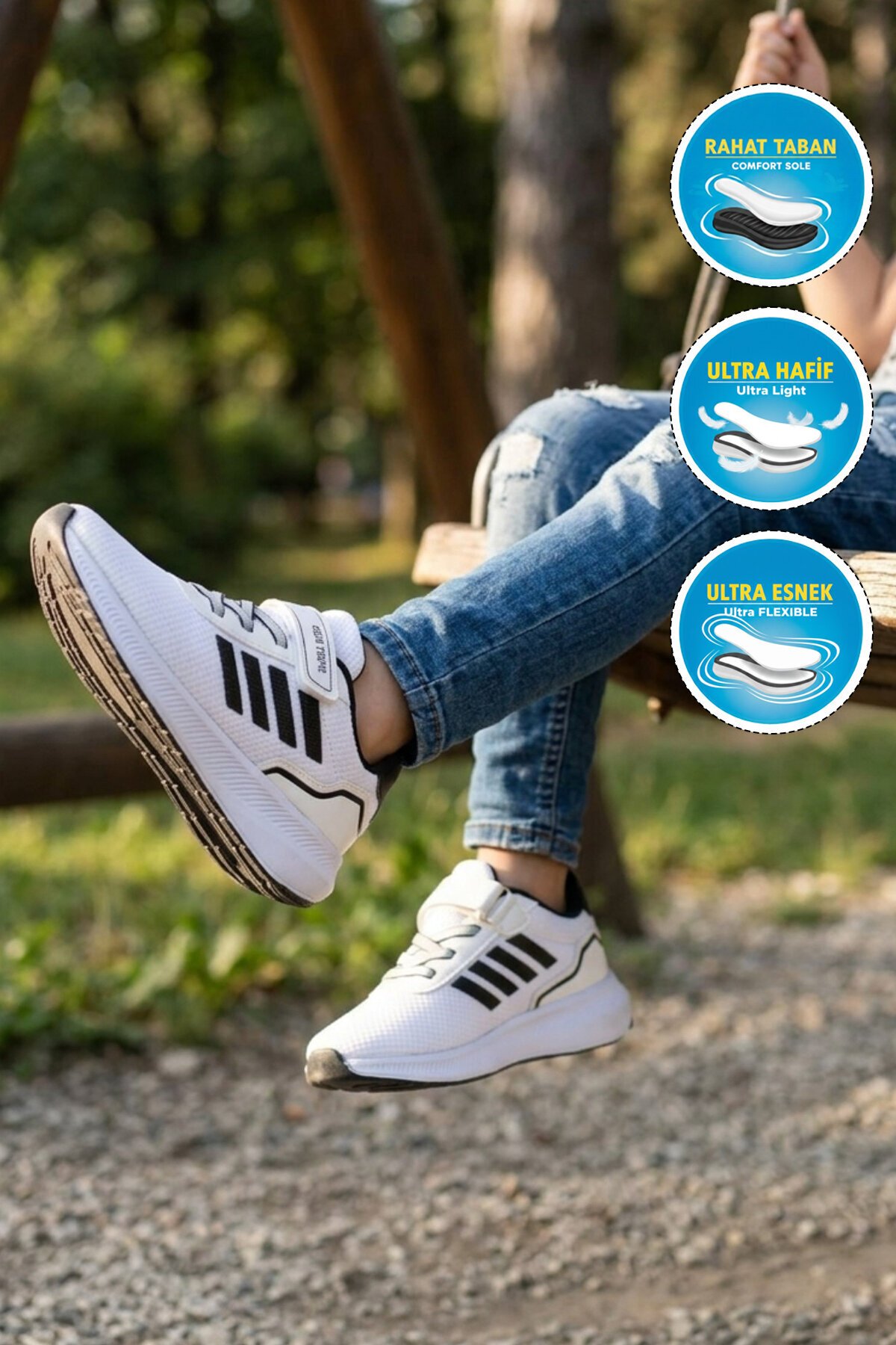 Beyaz-Siyah Cırtlı Erkek Çocuk Spor Ayakkabı 755 F