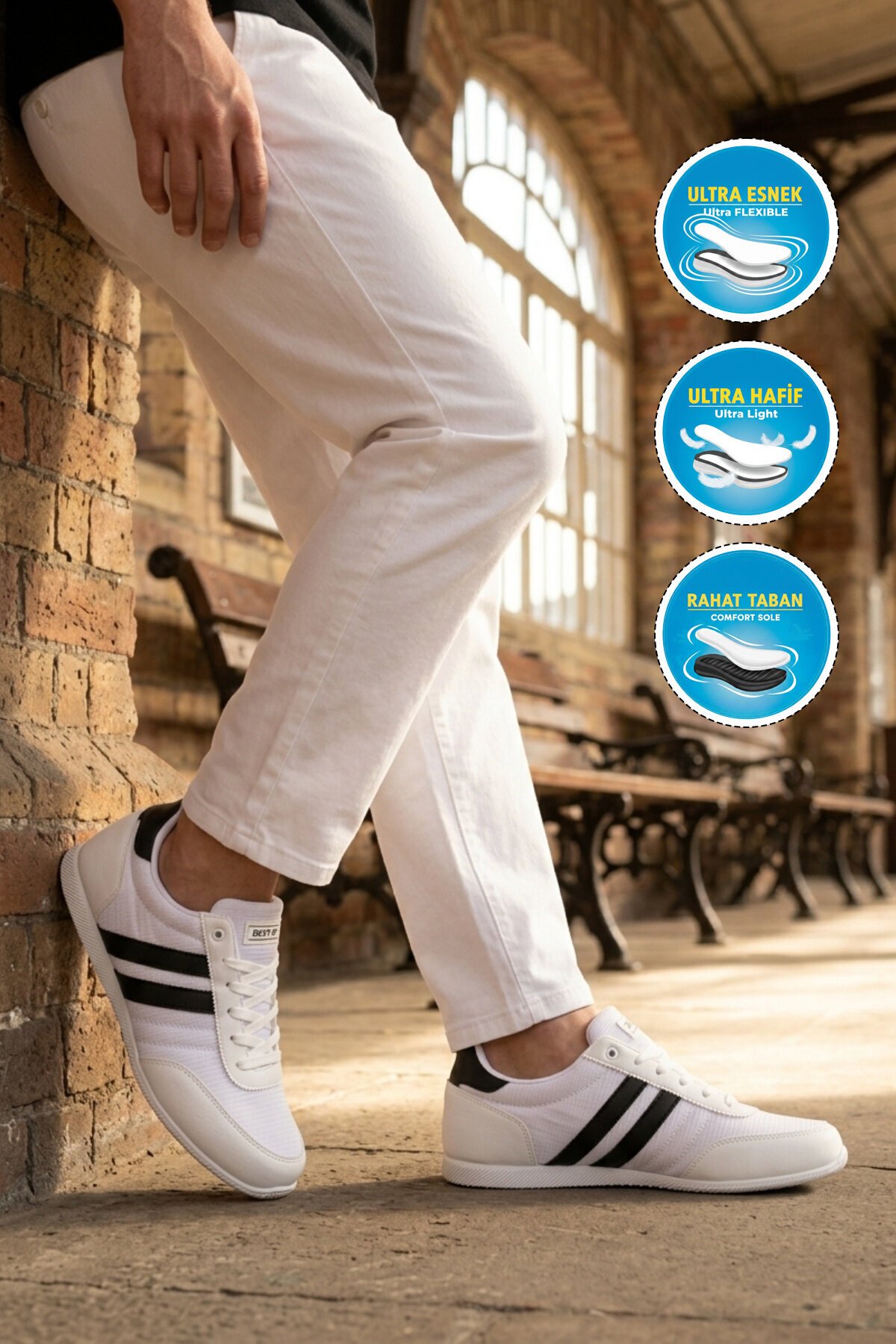 Beyaz-Siyah ComfortSole Taban Erkek Sneaker BST-2086 M