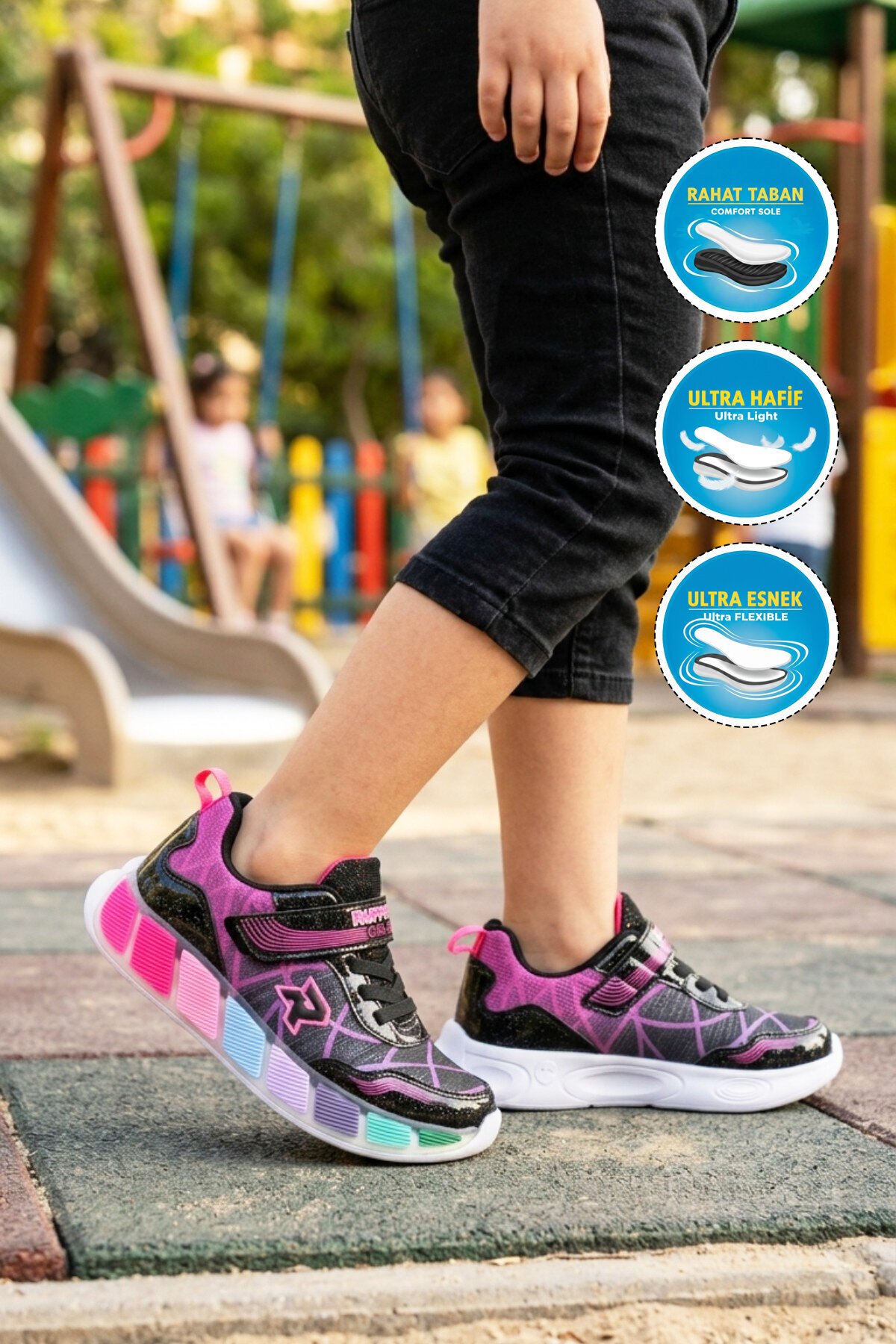 Siyah-Fuşya Işıklı Kız Çocuk Spor Ayakkabı 1035 F