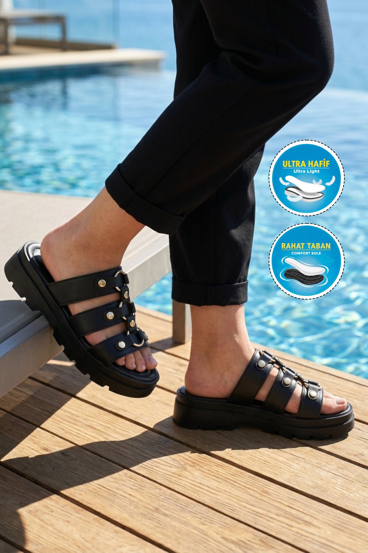 Siyah Hafif Yüksek Tabanlı ComfortSole Taban Kadın Terlik 35351 Z