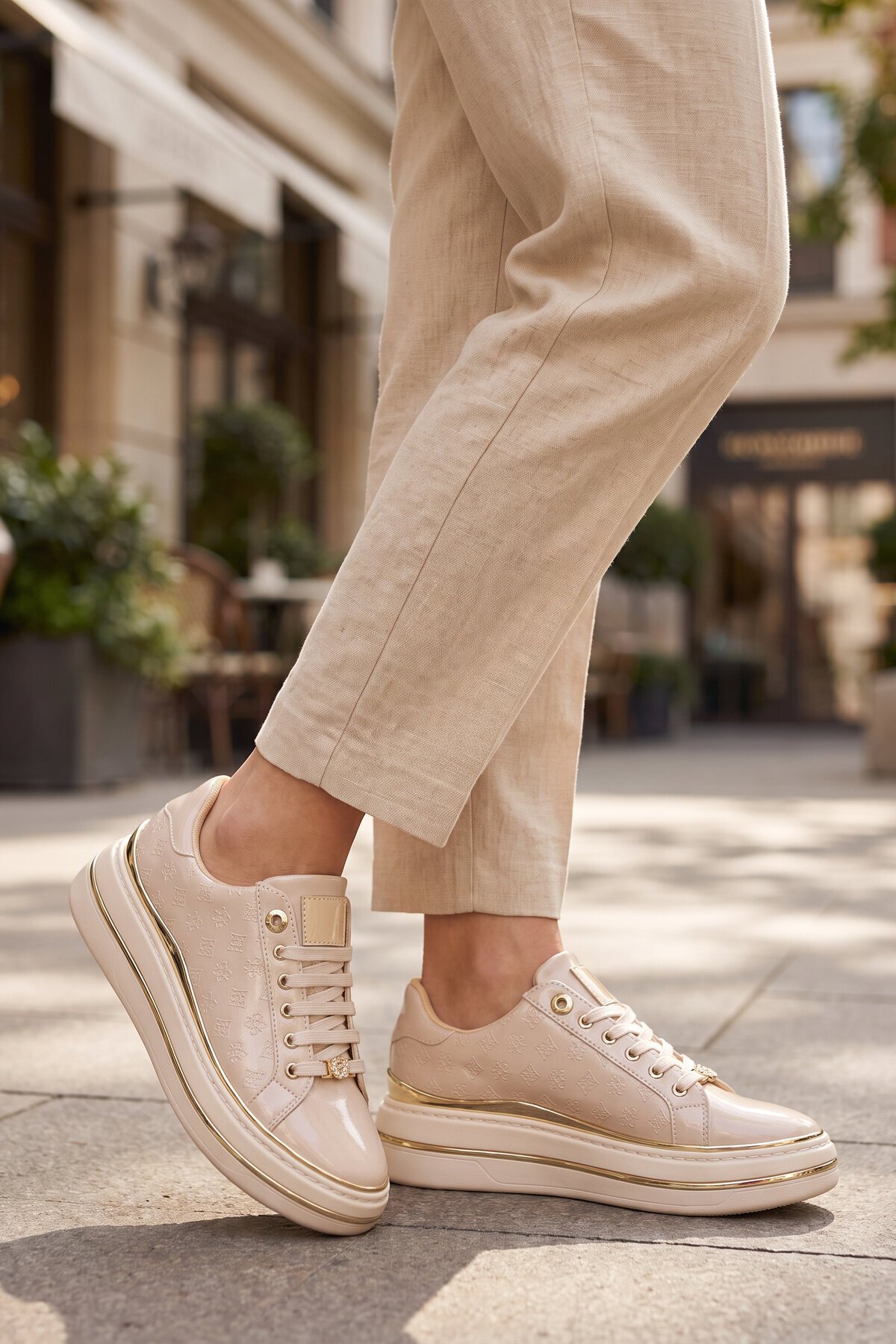 Kadın Bej Cilt Bağcıklı Sneaker Kadın Şık Rahat Casual Yürüyüş Ayakkabı 431173