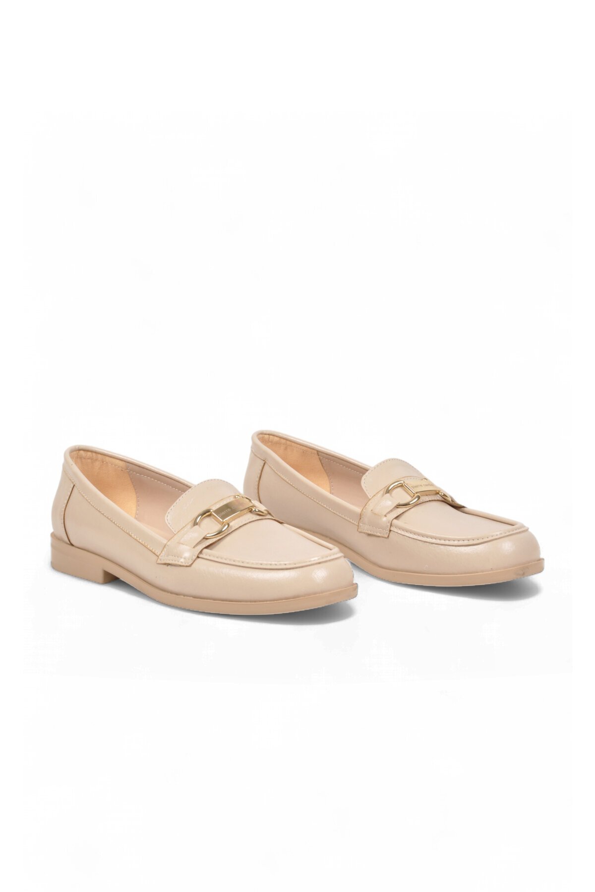 Kadın Toka Detaylı Şık Rahat Bej Parlak Kadın Klasik Casual Ayakkabı Loafer PC-56058