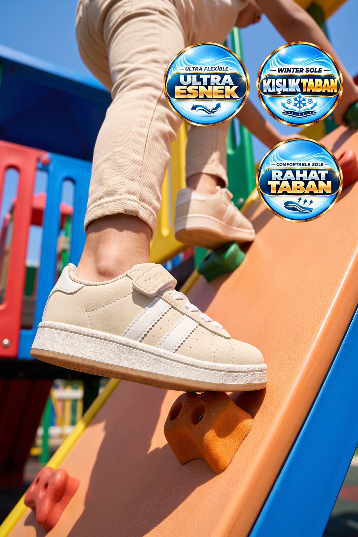 Cırt Bantlı Kalın Rahat Taban Bej Unisex Çocuk Yürüyüş ve Spor Ayakkabı Sneaker Coop