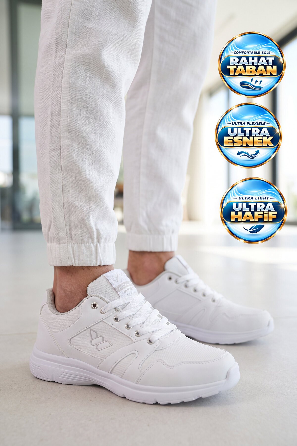 Bağcıklı Cilt Beyaz Hafif Rahat Taban Esnek Unisex Yürüyüş ve Spor Ayakkabı Sneaker Core 020