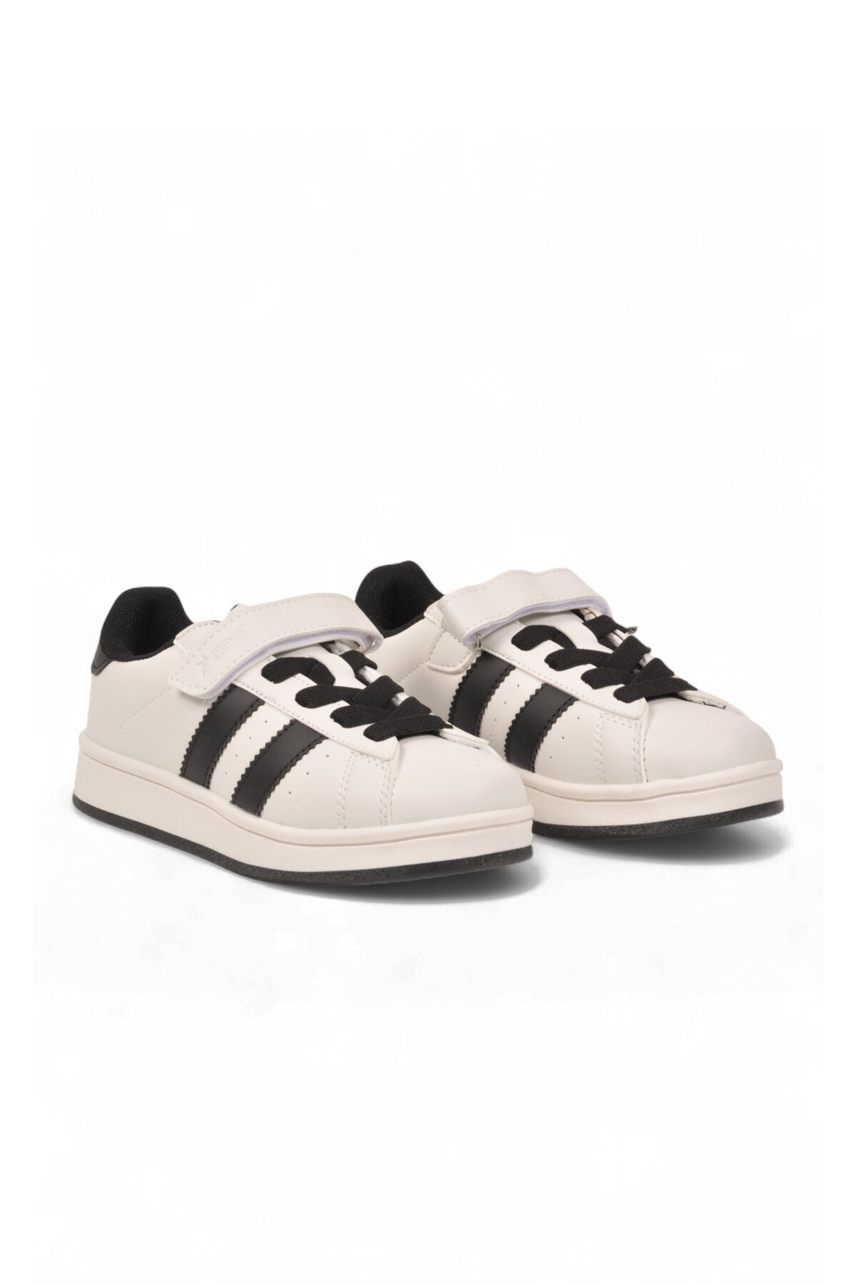Cırt Bantlı Kalın Rahat Taban Beyaz-Siyah Unisex Çocuk Yürüyüş ve Spor Ayakkabı Sneaker Coop