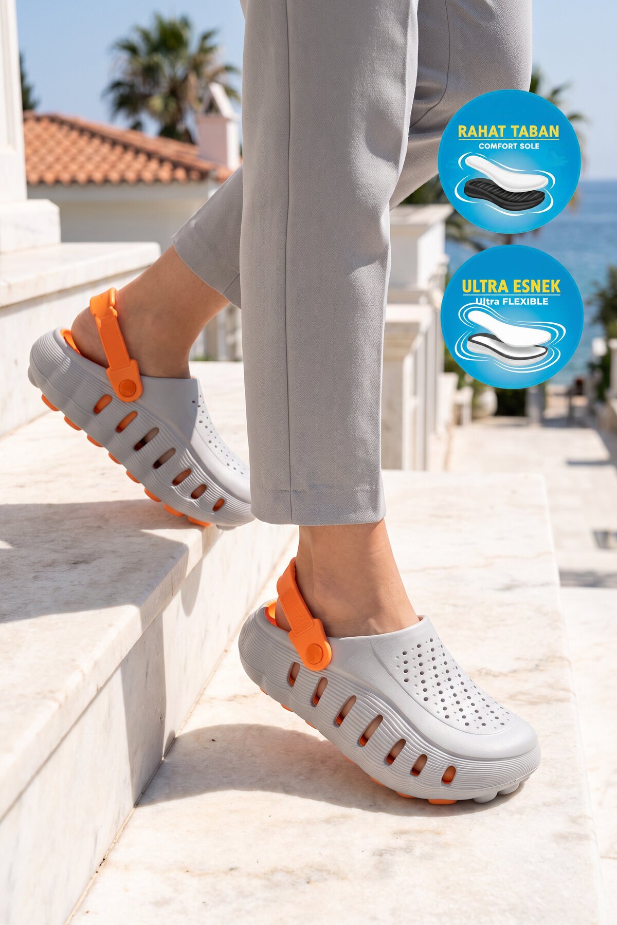 Eva Hafif Rahat Yumuşak Buz-Turuncu Unisex Önü Kapalı Sabo Erkek Terlik 2504