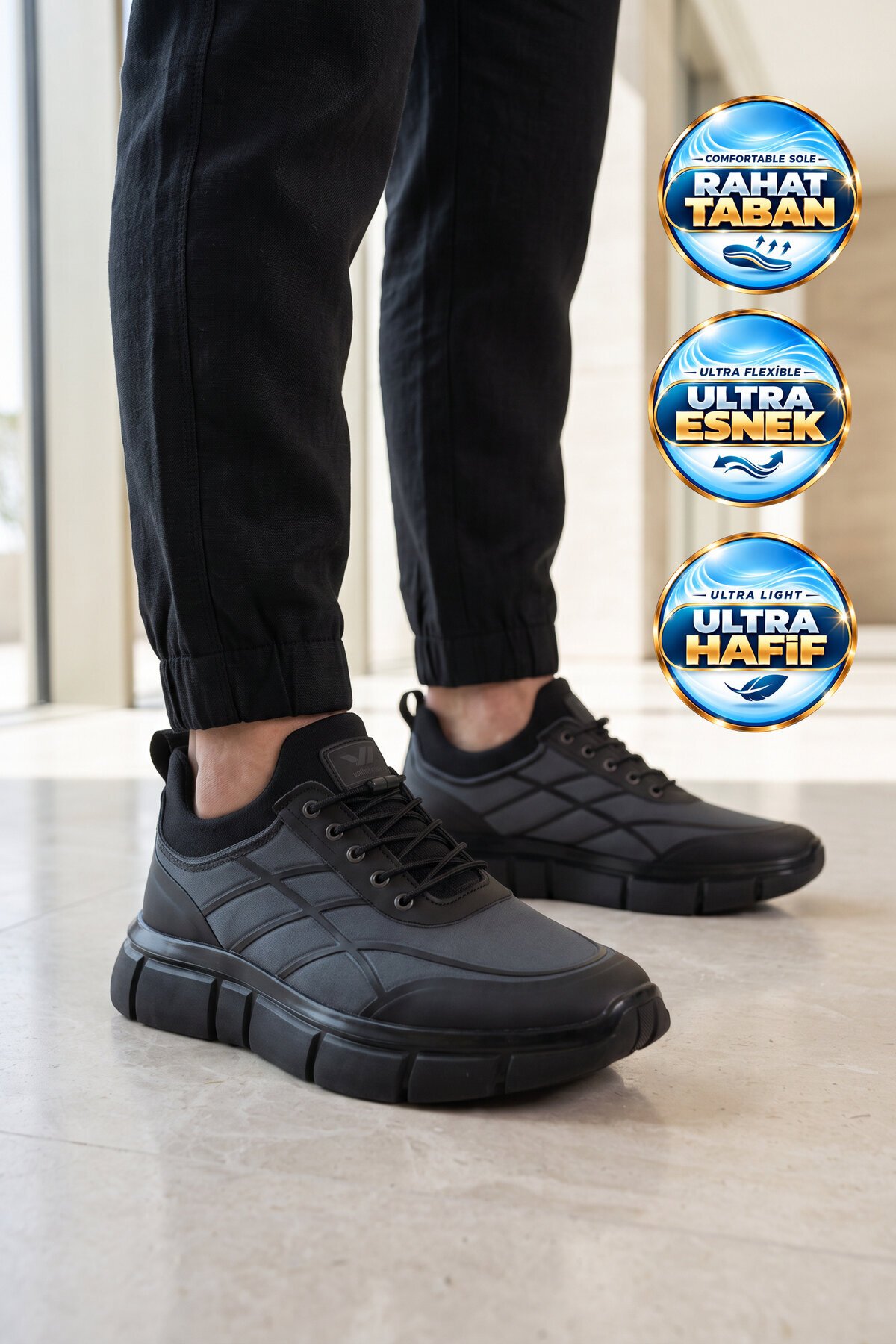 Erkek Lastik Bağcıklı Kalın Rahat Konfor Taban Füme Yürüyüş ve Spor Ayakkabı Sneaker Stride