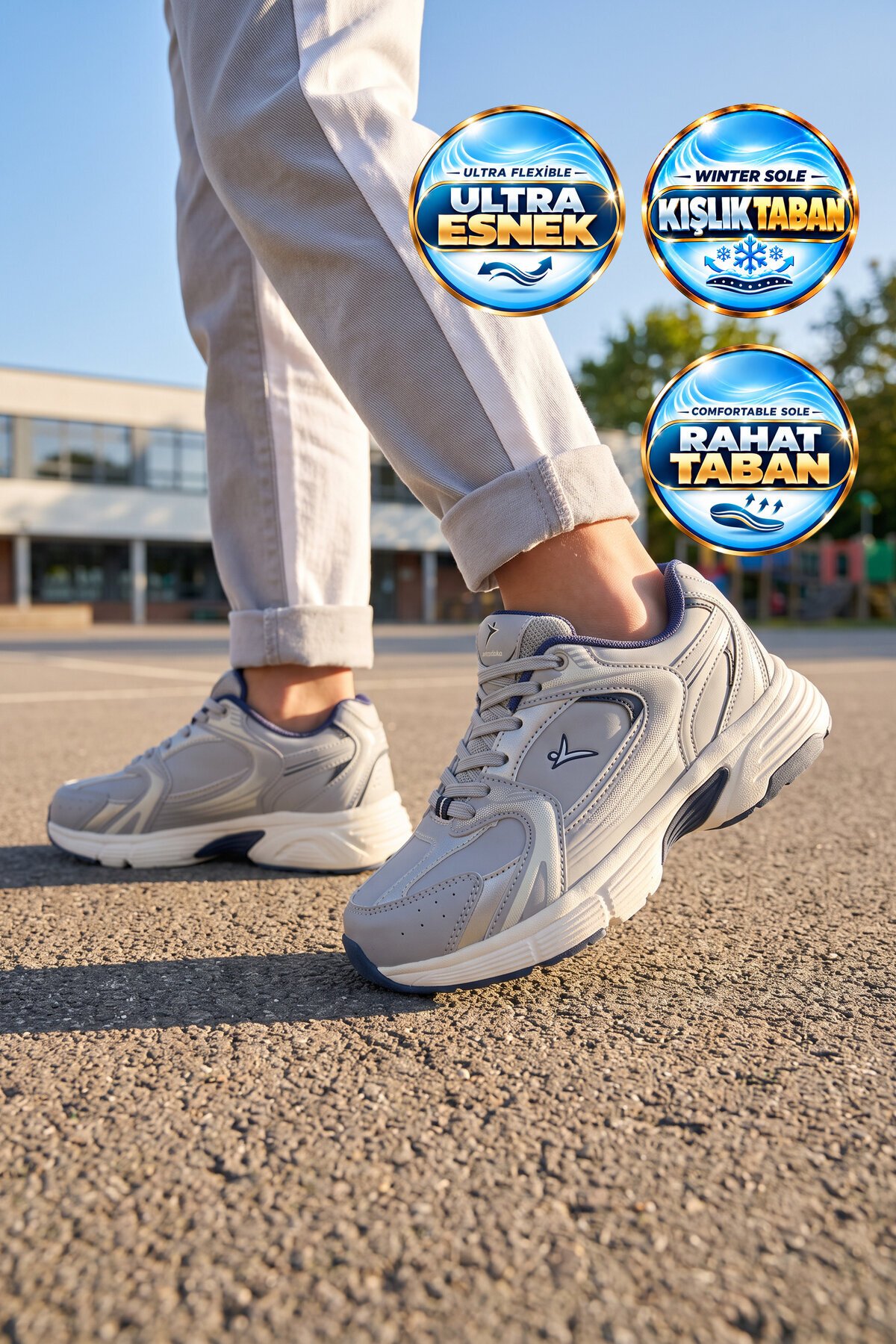 Bağcıklı Kalın Rahat Taban Gri Unisex Yürüyüş ve Spor Ayakkabı Sneaker Terra G
