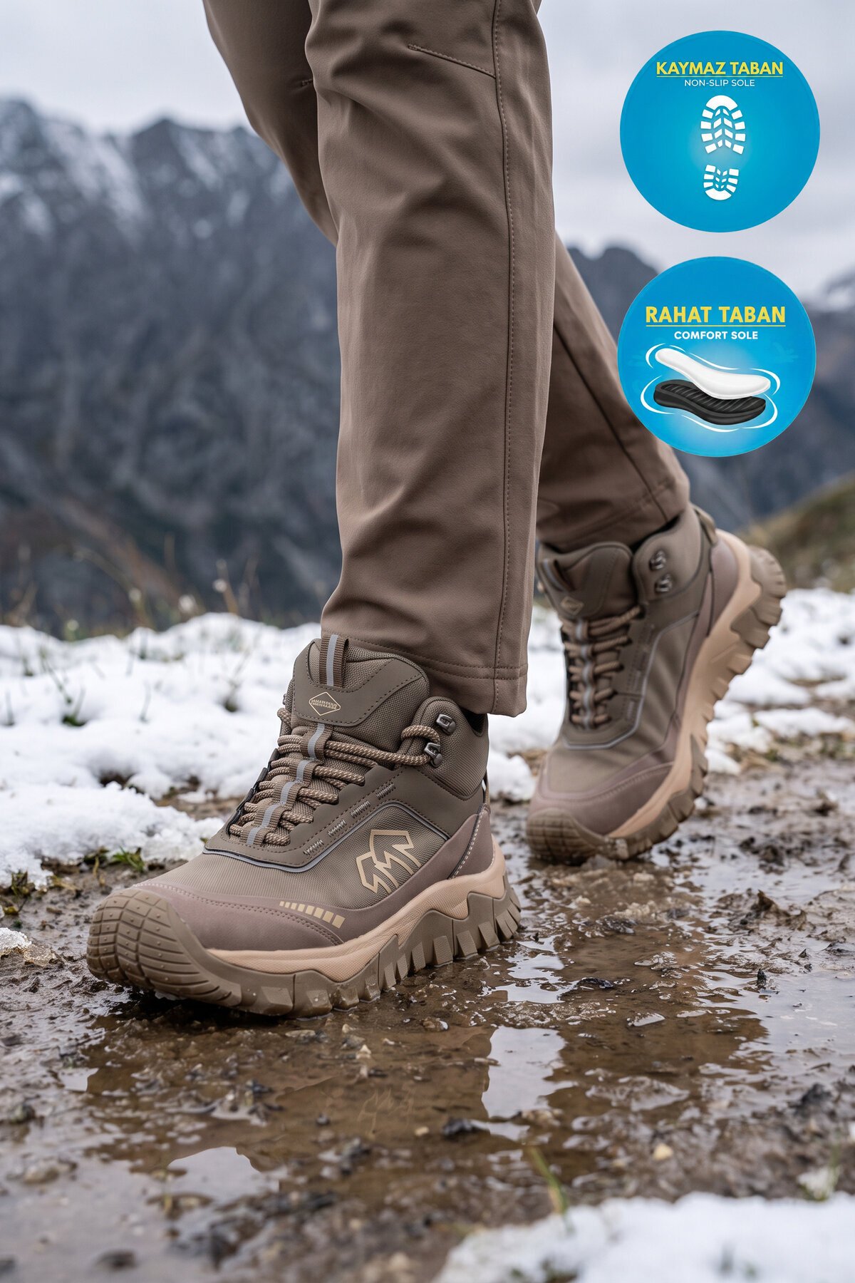 Erkek Bağcıklı Kalın Kauçuk Taban Haki Outdoor Trekking Bot 26K513