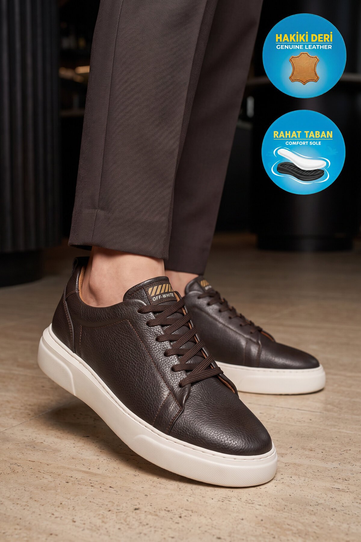 Erkek Bağcıklı Kalın Rahat Tabanlı Kahve-Bej Hakiki Deri Casual Sneaker Ayakkabı 272303