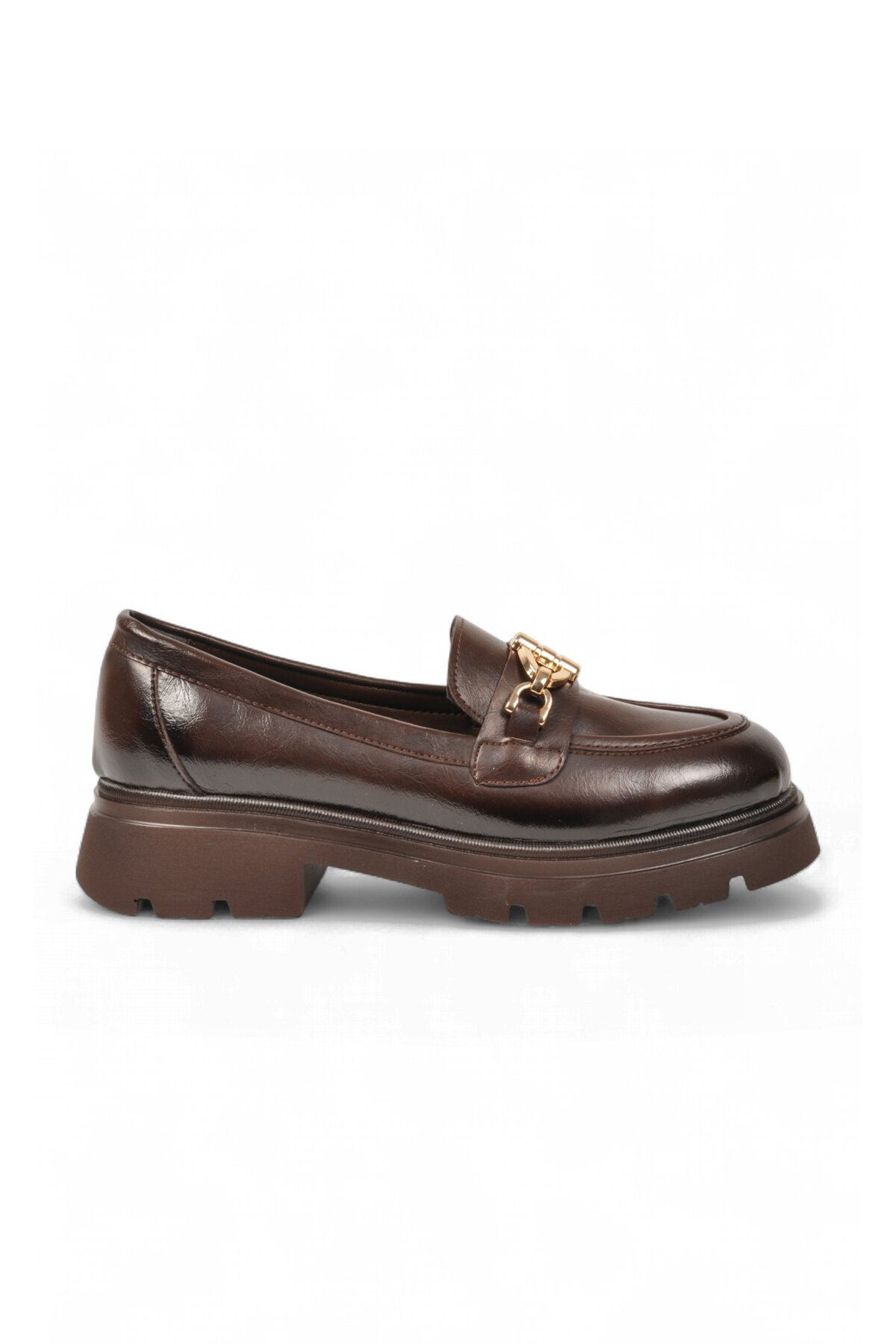Kadın Toka Detaylı Loafer Kahve Cilt Kalın Rahat Taban Şık Casual Ayakkabı 572508