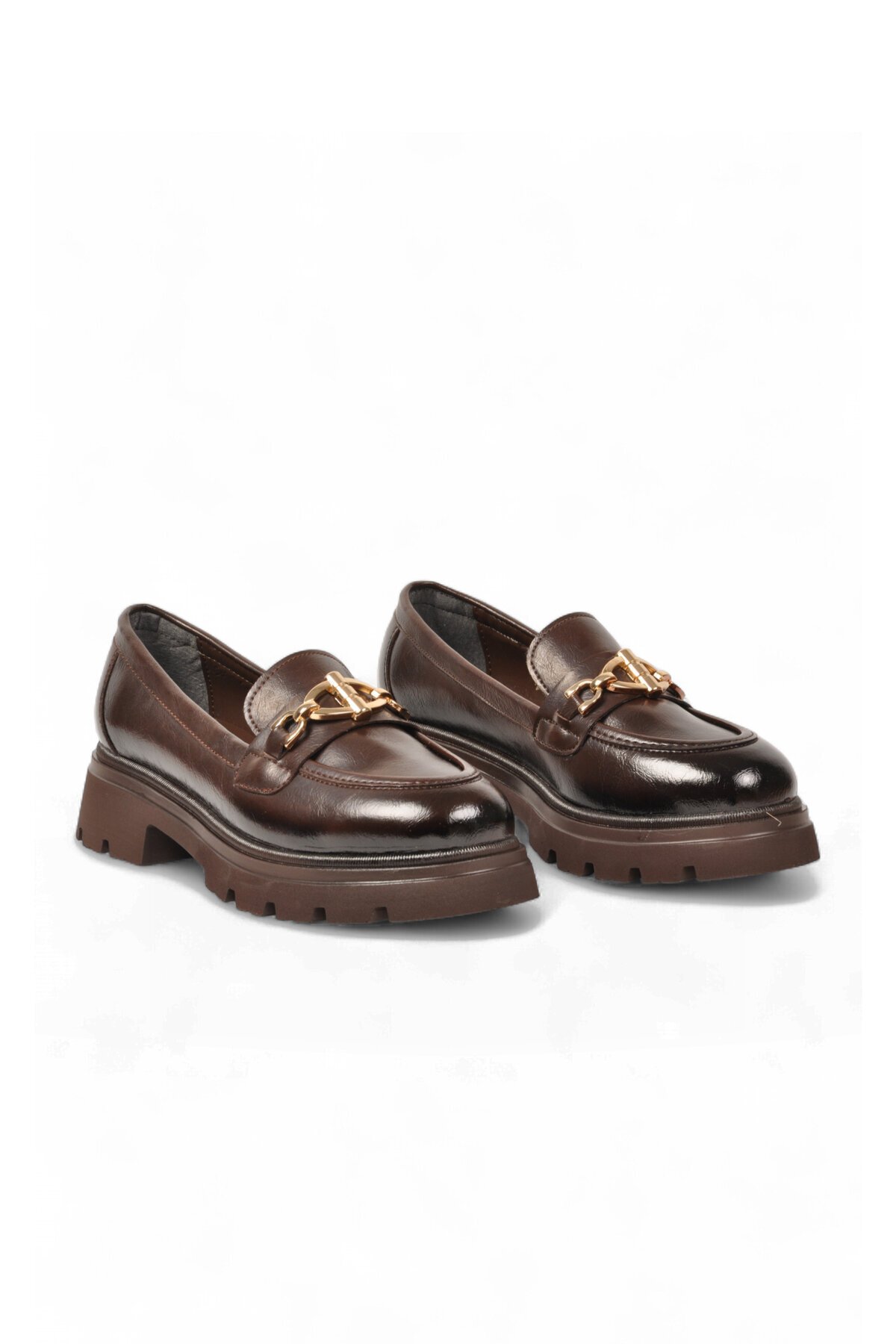 Kadın Toka Detaylı Loafer Kahve Cilt Kalın Rahat Taban Şık Casual Ayakkabı 572508