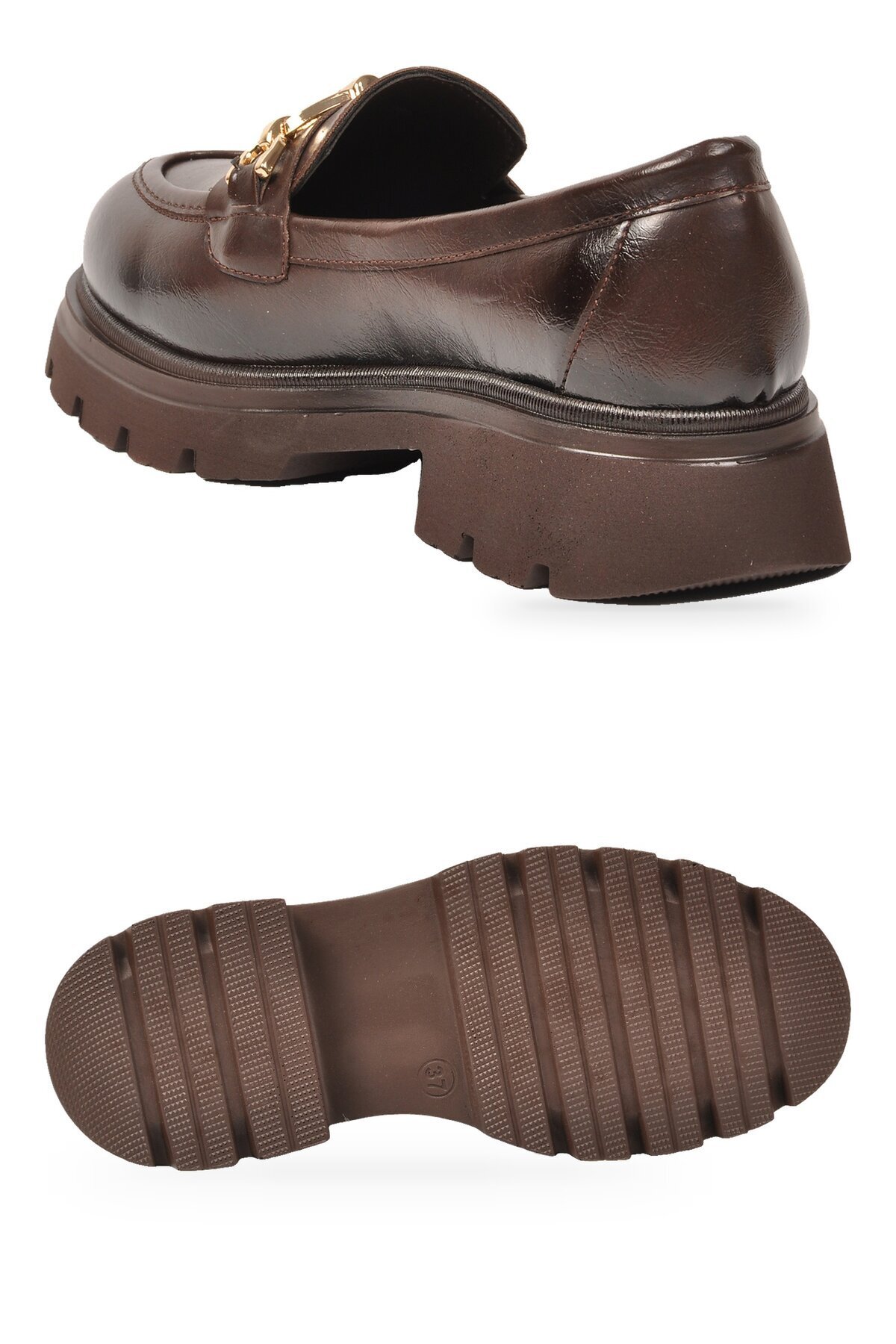 Kadın Toka Detaylı Loafer Kahve Cilt Kalın Rahat Taban Şık Casual Ayakkabı 572508