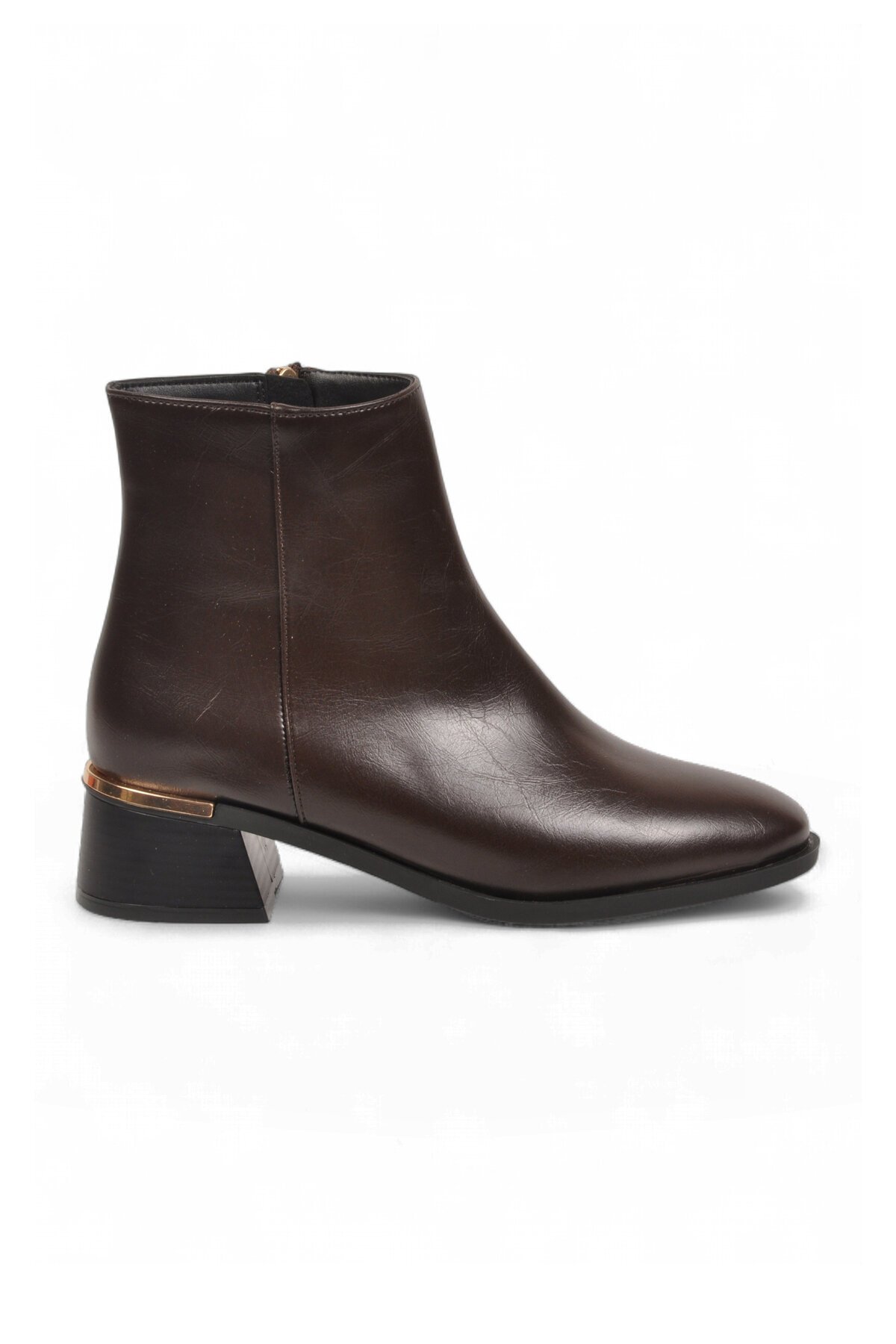 Kadın Kahve Cilt Topuklu Fermuarlı Bot Şık Rahat Günlük Klasik Bot 458364