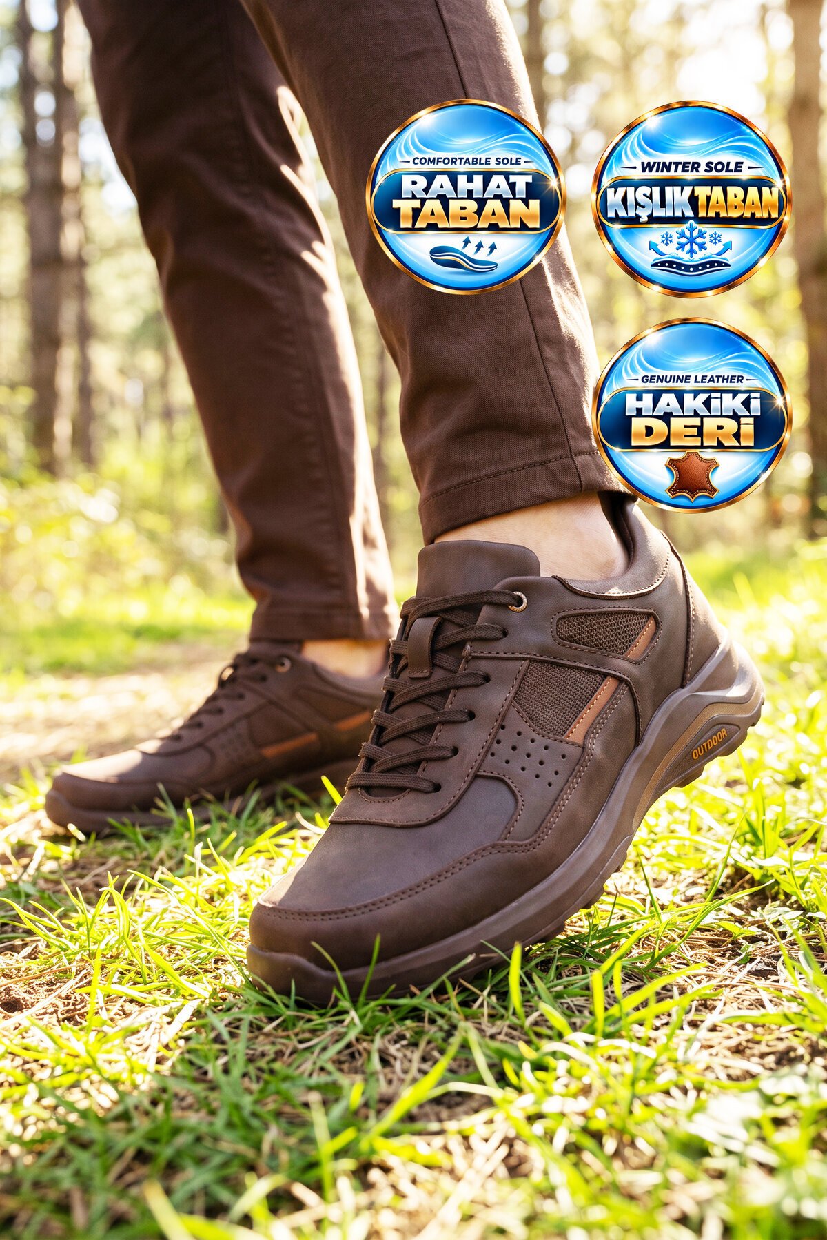 Erkek Bağcıklı Kaymaz Tabanlı Kahve Hakiki Deri Outdoor Trekking Ayakkabı 2055