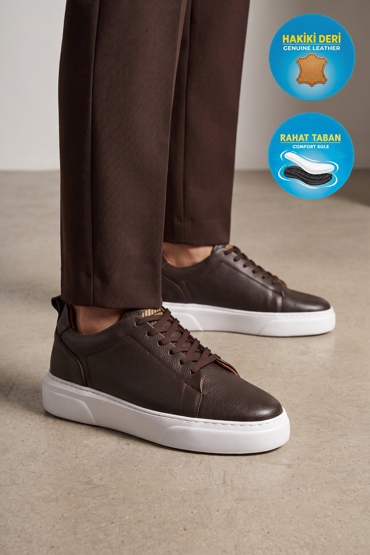 Erkek Bağcıklı Kalın Rahat Tabanlı Kahve Hakiki Deri Casual Sneaker Ayakkabı 272303
