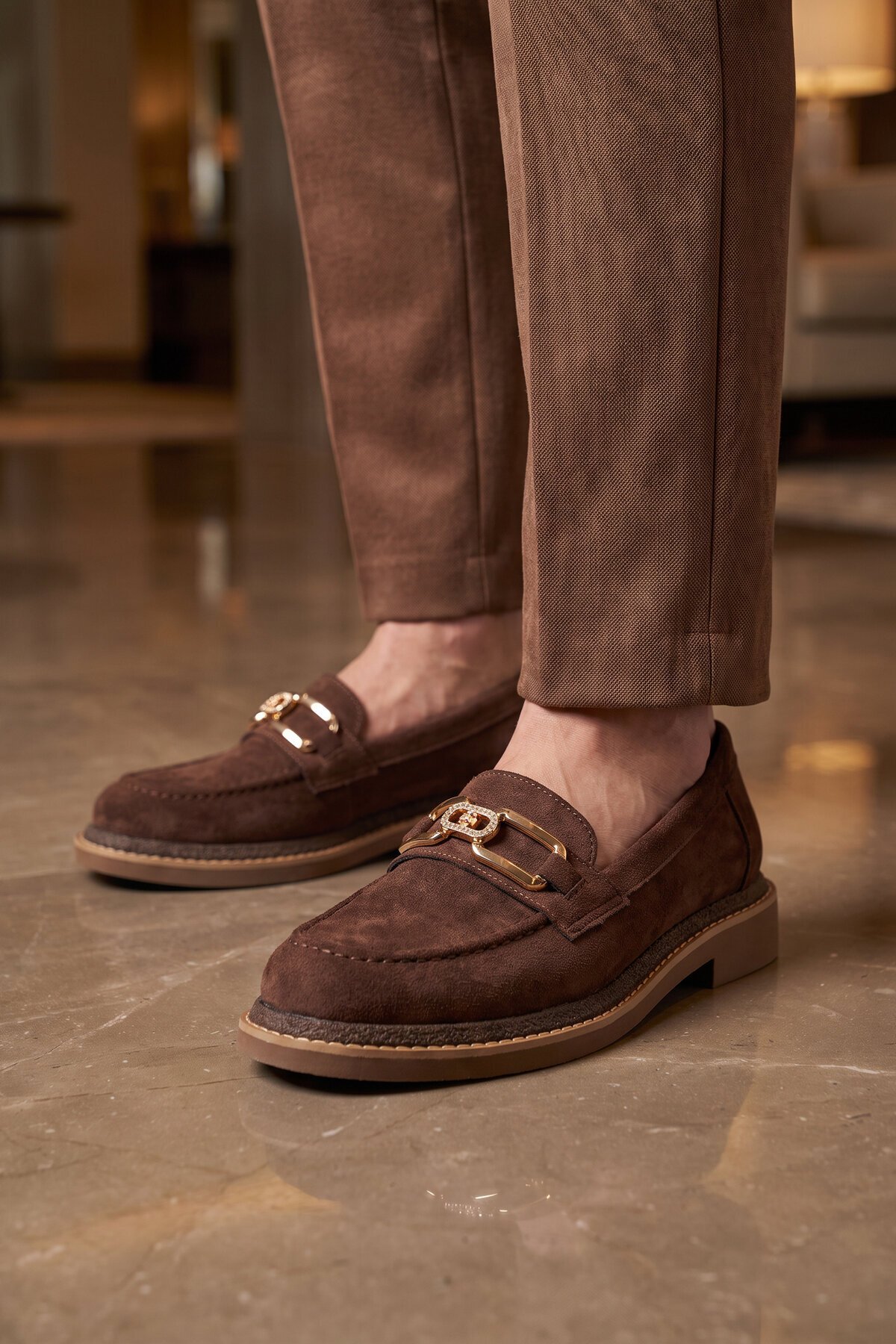 Kadın Kahve Süet Loafer Taş Detaylı Şık Rahat Taban Özel Gün ve Gece Casual Ayakkabı 457320