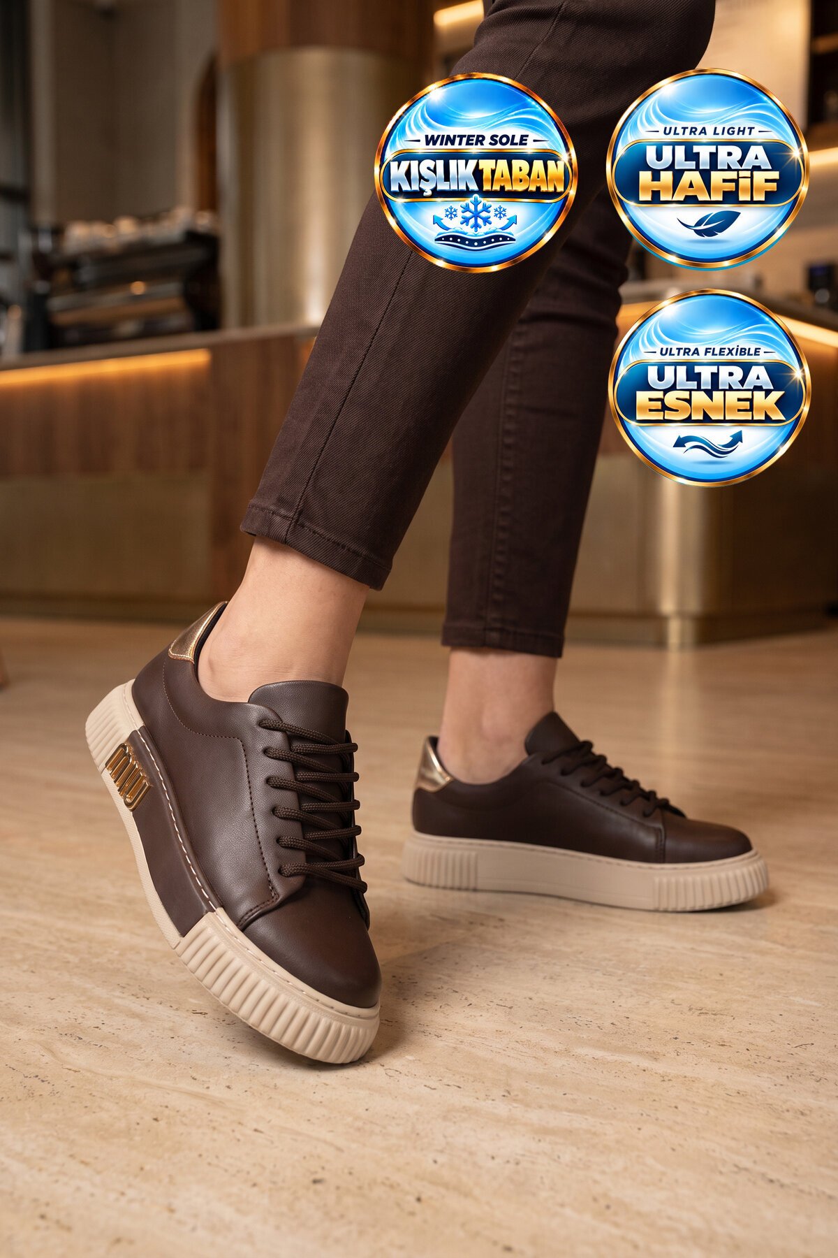 Kadın Kahve Bağcıklı Kalın Tabanlı Şık Rahat Sneaker Günlük Casual Yürüyüş Ayakkabı 261261