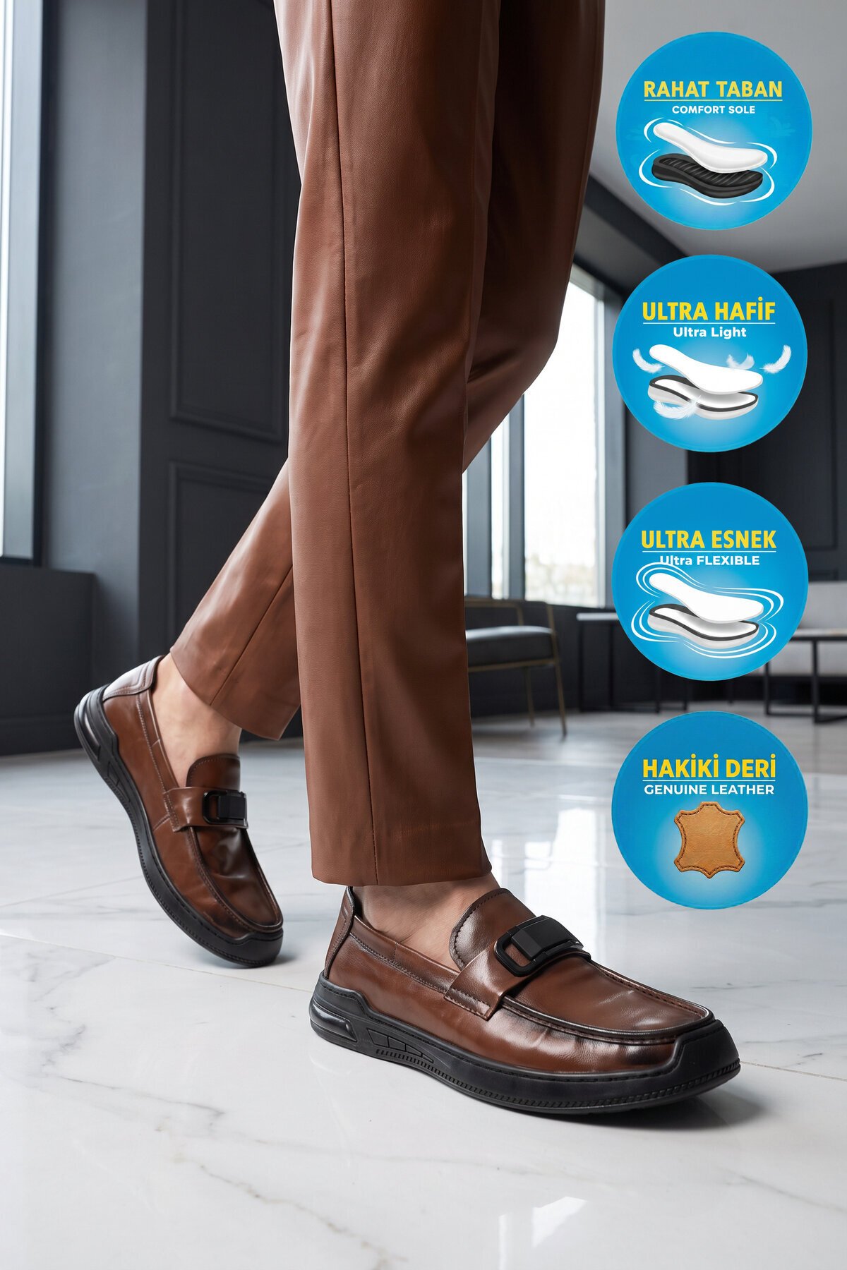 Erkek Şık Rahat Hafif Kahve Hakiki Deri Makosen Casual Loafer Ayakkabı 26K590-2