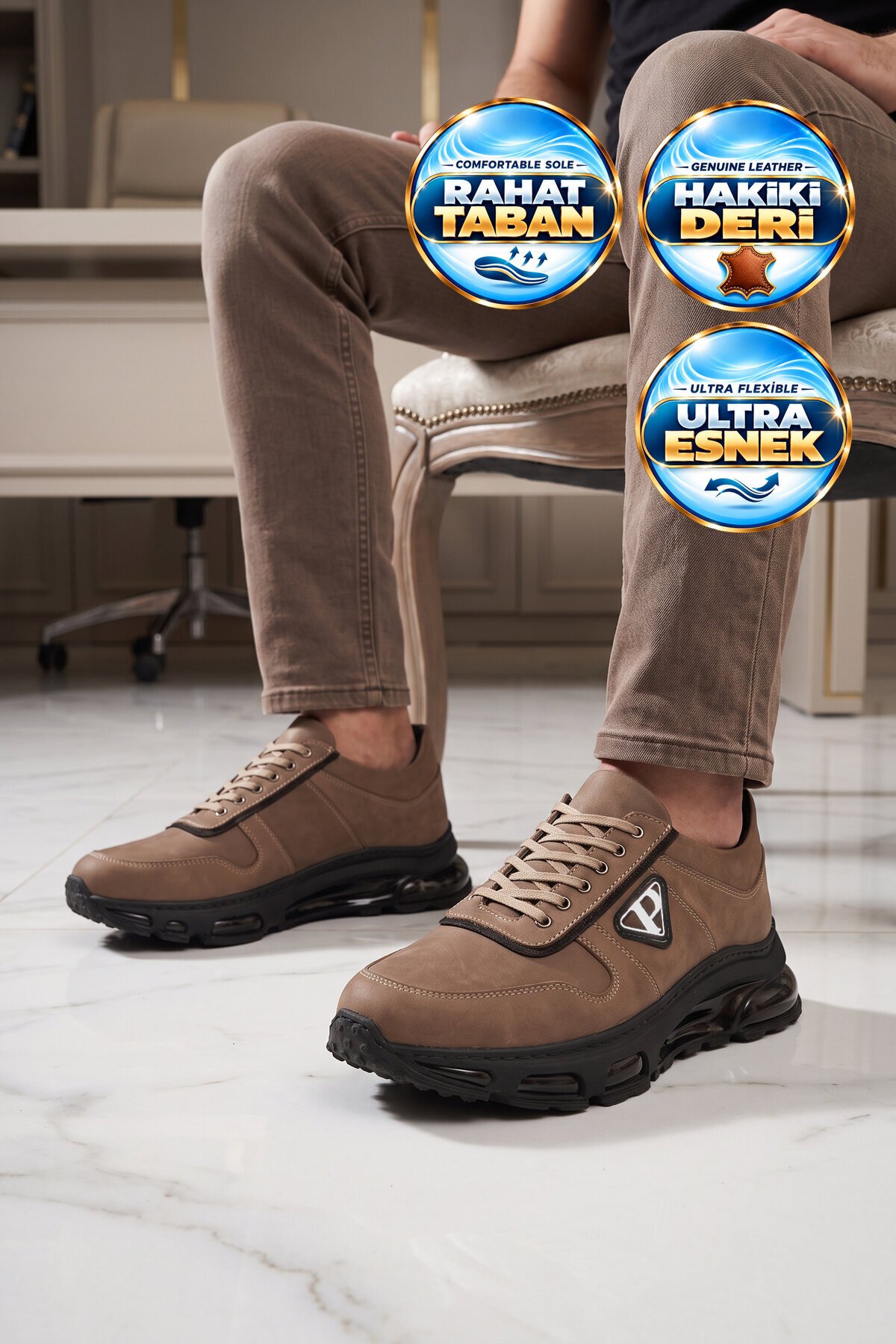 Erkek Bağcıklı Rahat Tabanlı Kum Hakiki Deri Casual Sneaker Ayakkabı 166