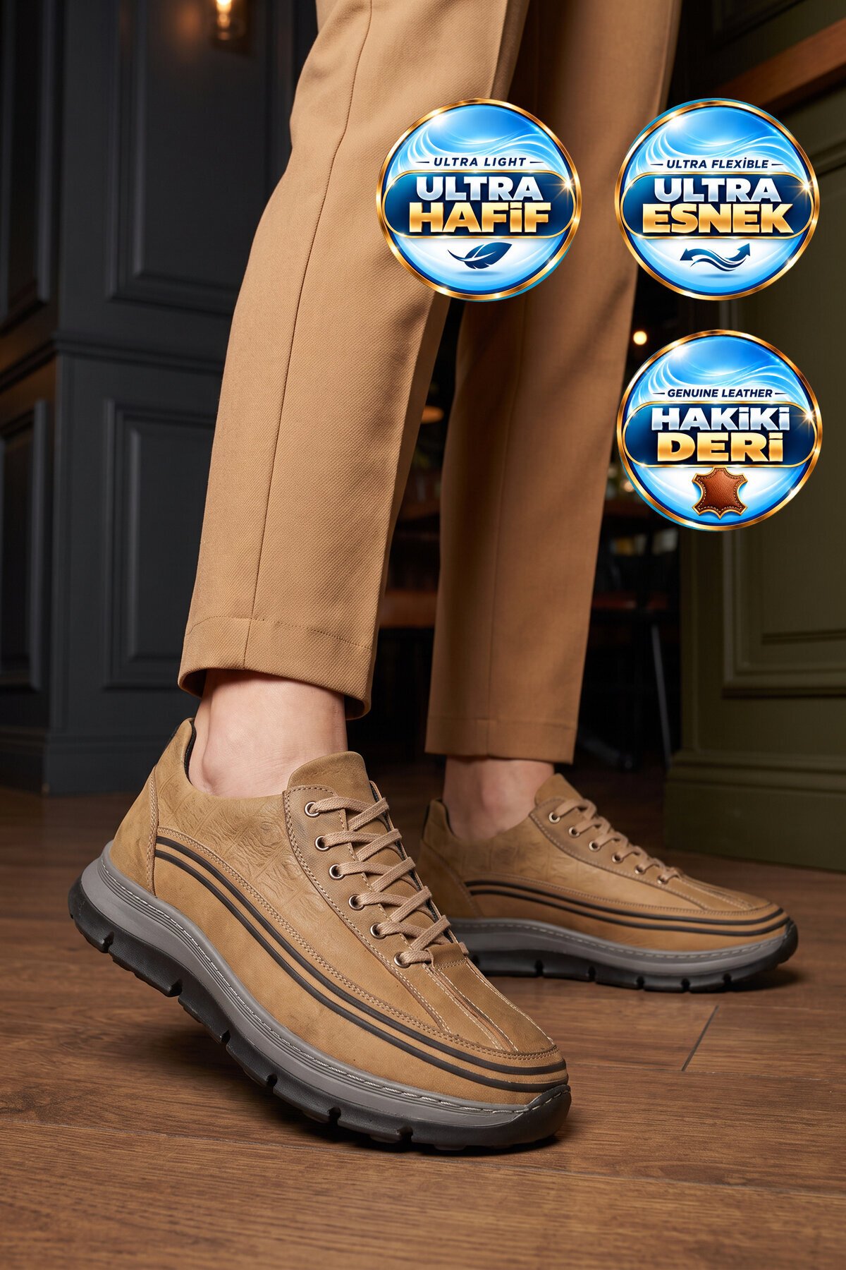 Erkek Bağcıklı Rahat Taban Kum Hakiki Deri Erkek Casual Sneaker Ayakkabı 160