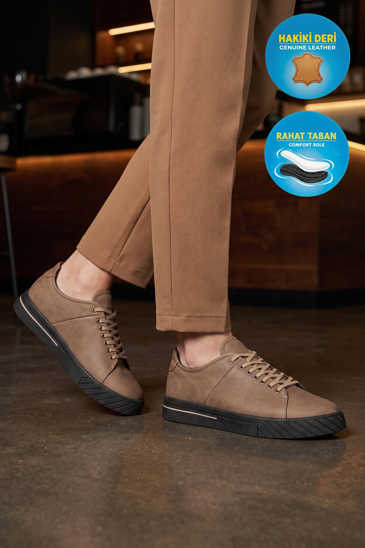 Erkek Bağcıklı Rahat Taban Kum Hakiki Deri Erkek Casual Sneaker Ayakkabı 165