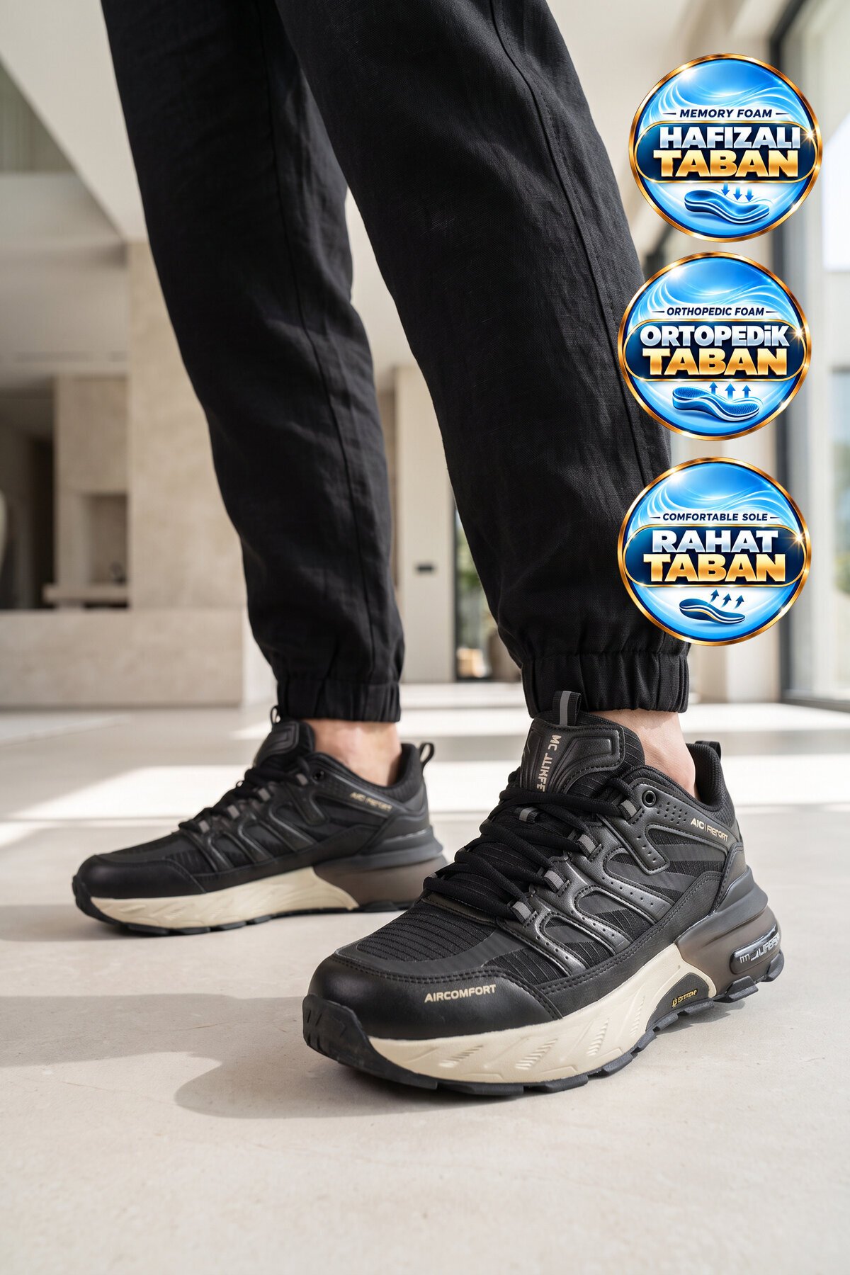 Rahat Ortopedik Taban Bağcıklı Siyah-Bej Erkek Yürüyüş ve Spor Ayakkabı Sneaker 2427