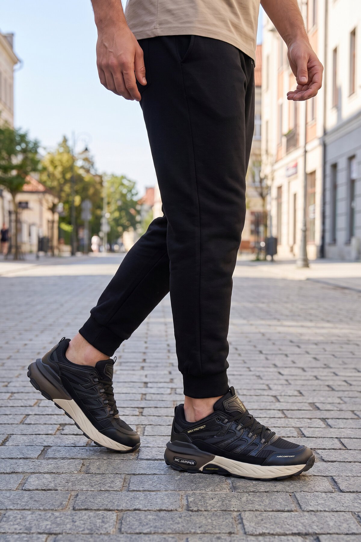 Rahat Ortopedik Taban Bağcıklı Siyah-Bej Erkek Yürüyüş ve Spor Ayakkabı Sneaker 2427