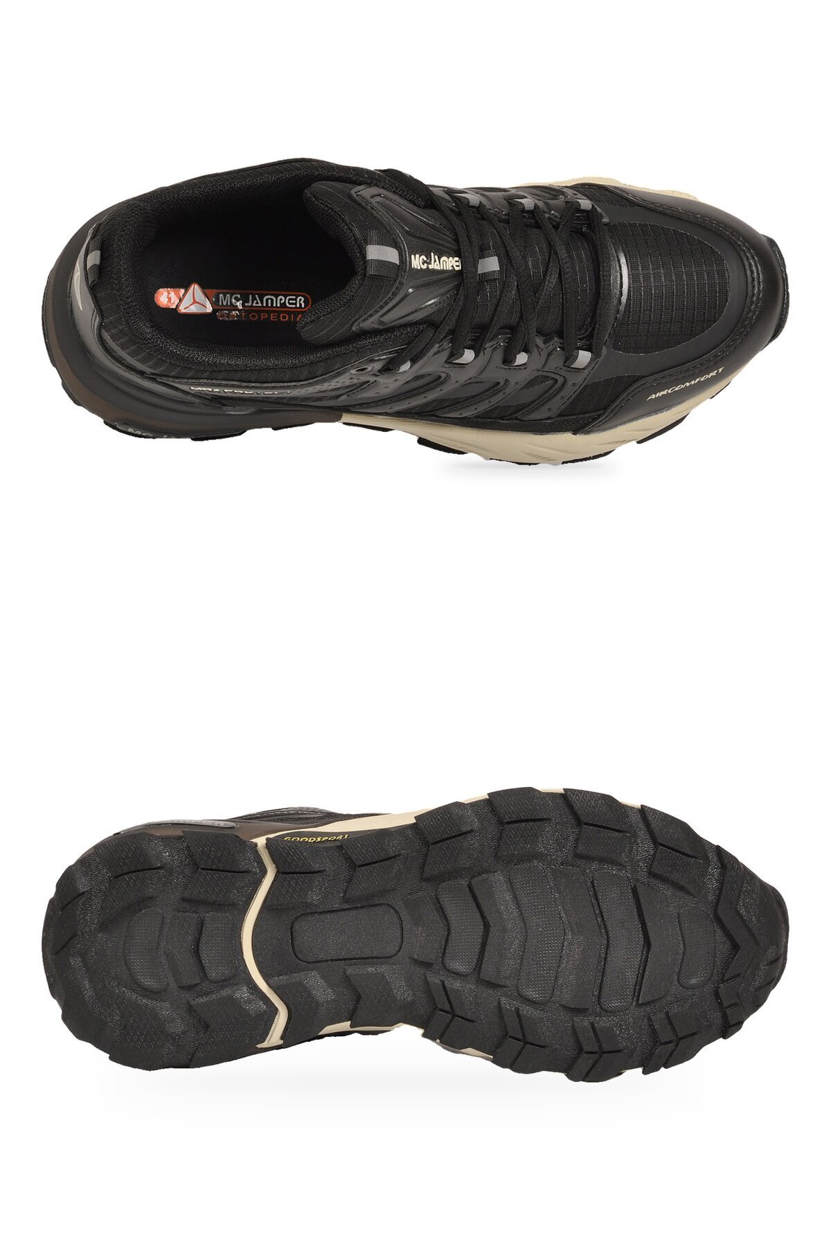 Rahat Ortopedik Taban Bağcıklı Siyah-Bej Erkek Yürüyüş ve Spor Ayakkabı Sneaker 2427