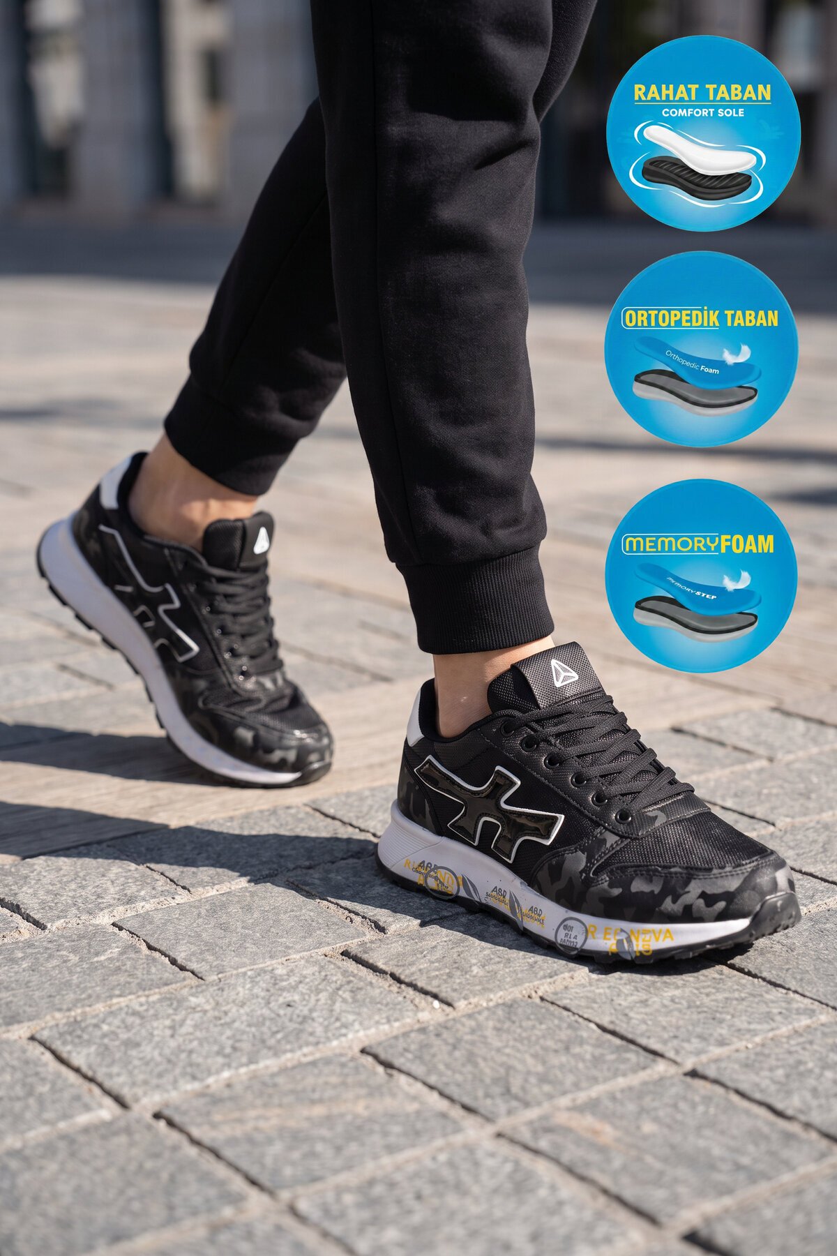 Erkek Ortopedik Rahat Taban Bağcıklı Siyah-Beyaz Erkek Yürüyüş ve Spor Ayakkabı Sneaker 2444 (Cilt)