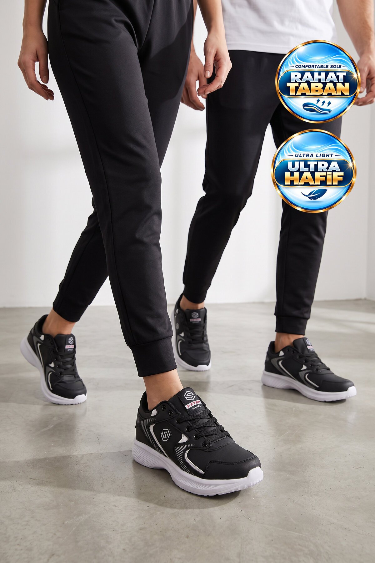 Bağcıklı Kalın Rahat Taban Hafif Esnek Siyah-Beyaz Unisex Yürüyüş ve Spor Ayakkabı Sneaker 2032