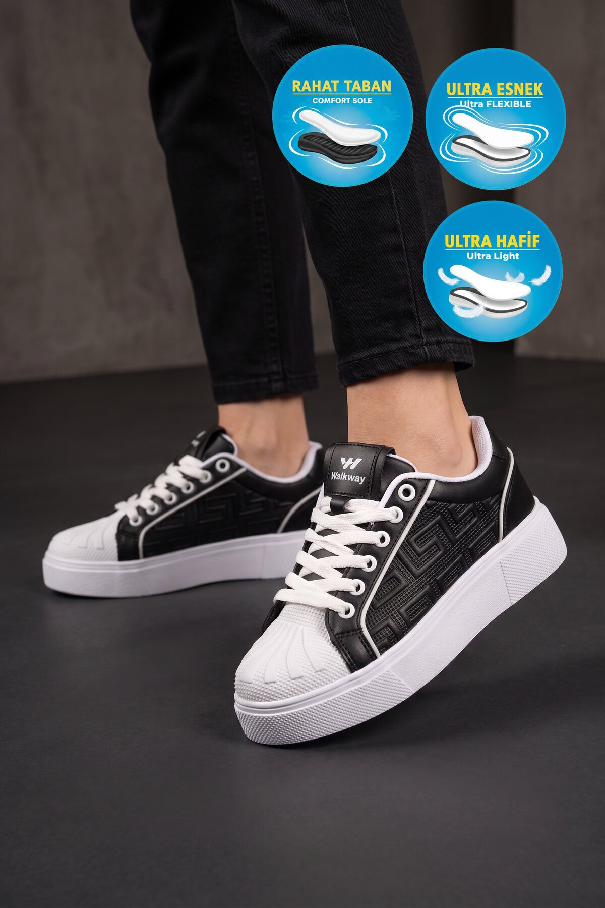 Erkek Bağcıklı Kalın Taban Spor Ayakkabı Siyah-Beyaz Şık Rahat Casual Ayakkabı Sneaker 26201