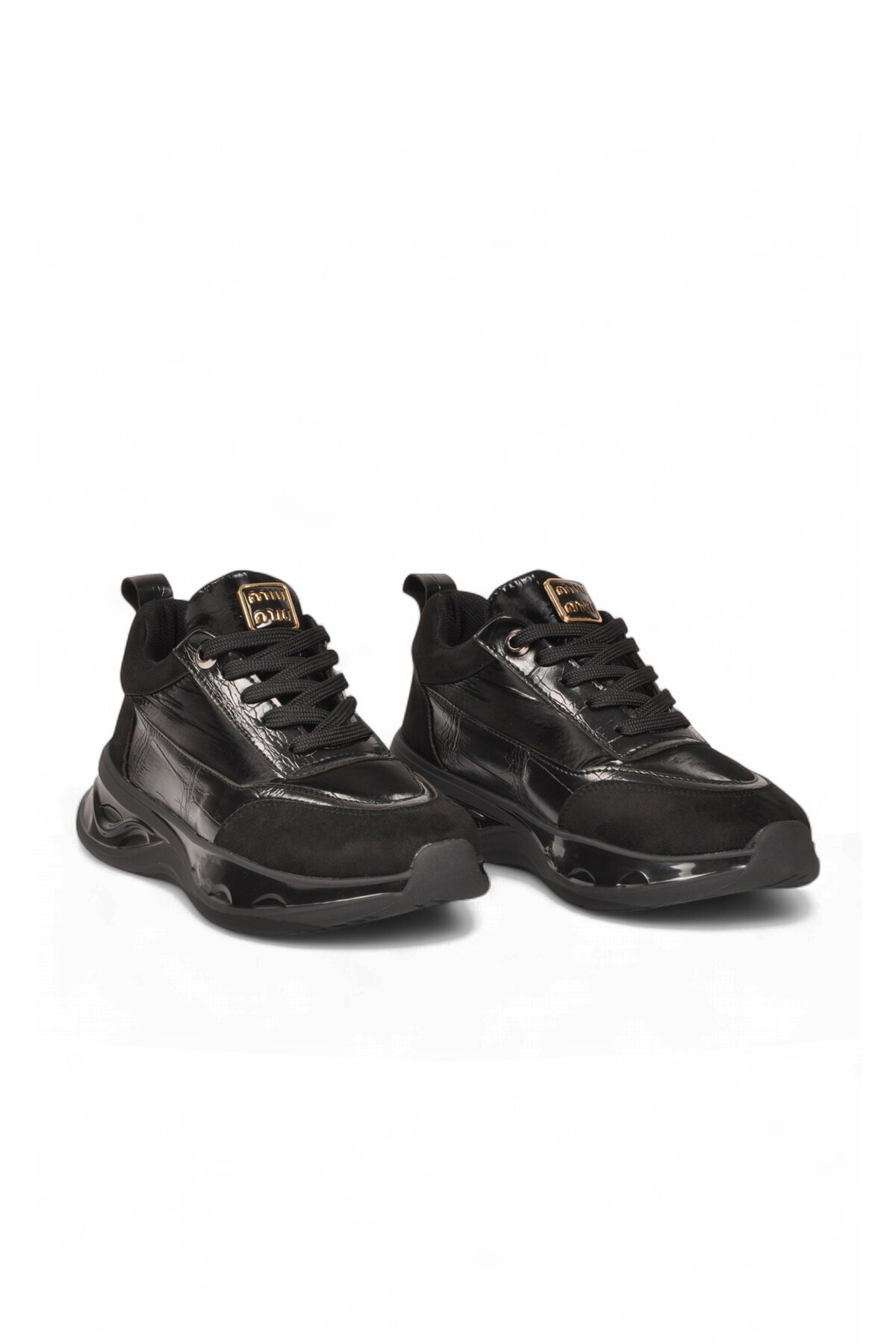 Kadın Siyah Cilt Bağcıklı Casual Ayakkabı Şık Rahat Taban Kadın Sneaker 231171
