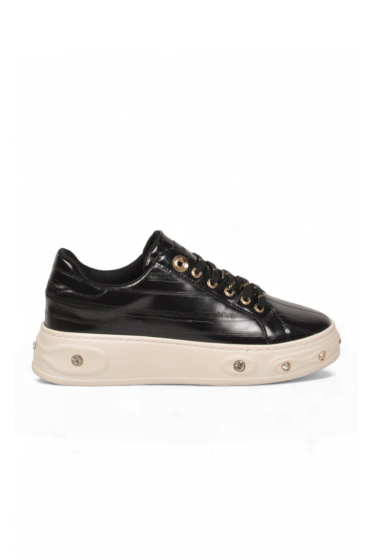 Kadın Bağcıklı Şık Rahat Sneaker Siyah Cilt Kalın Taban Casual Yürüyüş Ayakkabı 431179