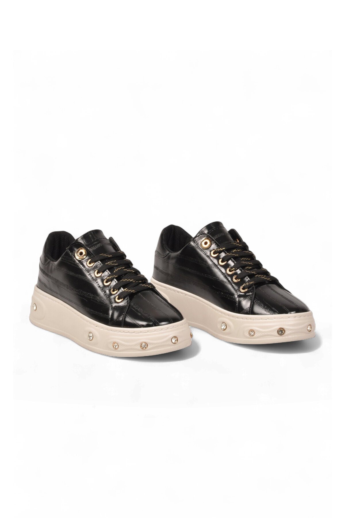 Kadın Bağcıklı Şık Rahat Sneaker Siyah Cilt Kalın Taban Casual Yürüyüş Ayakkabı 431179