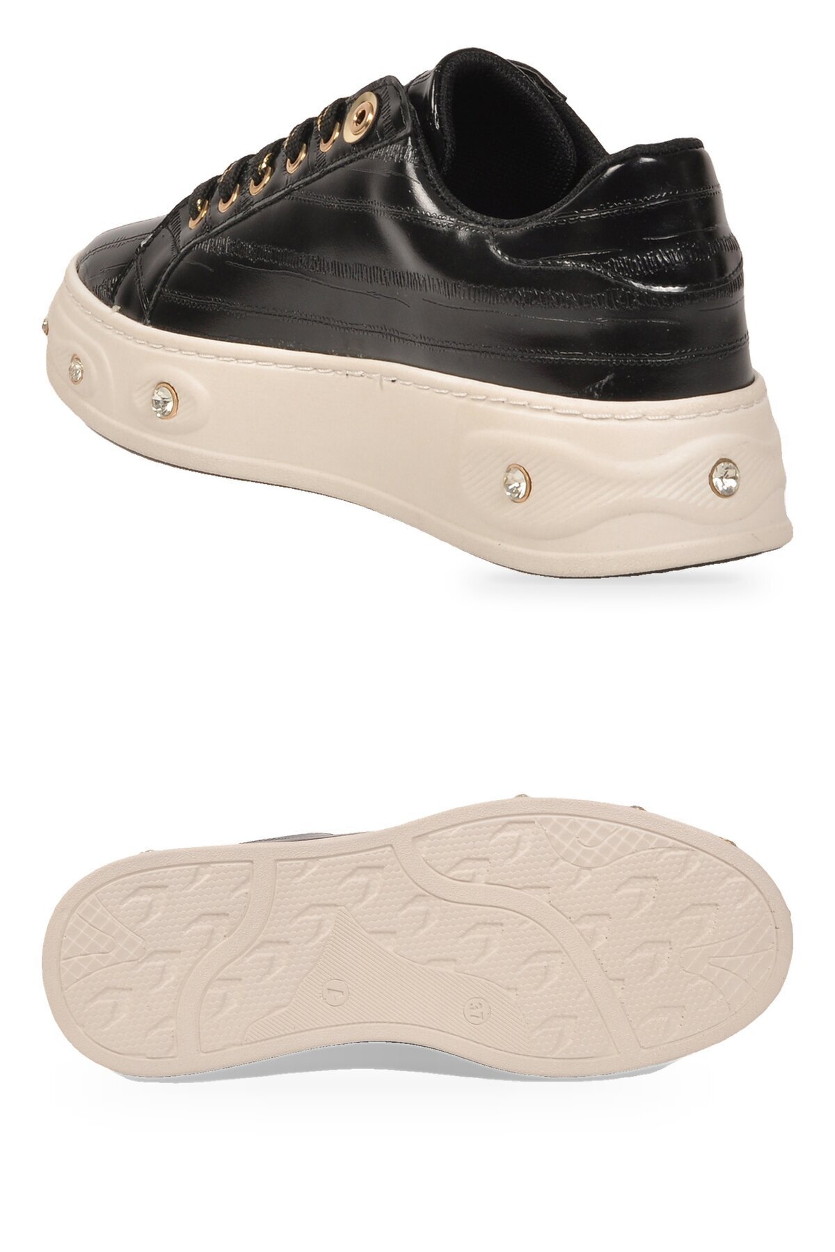 Kadın Bağcıklı Şık Rahat Sneaker Siyah Cilt Kalın Taban Casual Yürüyüş Ayakkabı 431179