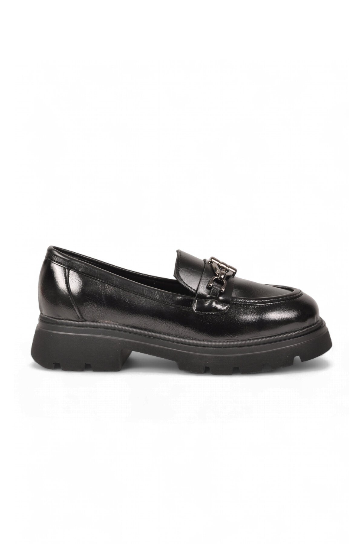 Kadın Toka Detaylı Loafer Siyah Cilt Kalın Rahat Taban Şık Casual Ayakkabı 572508
