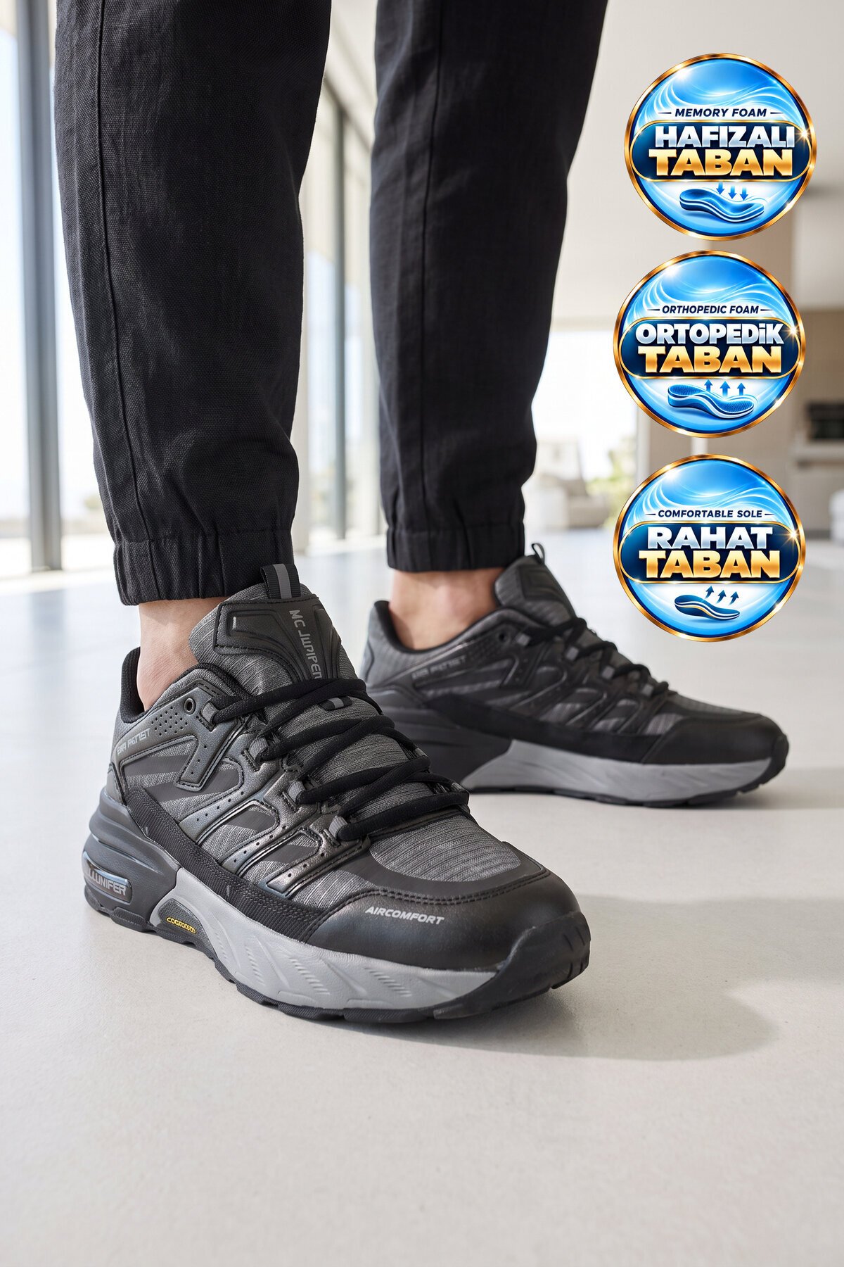Rahat Ortopedik Taban Bağcıklı Siyah-Füme Erkek Yürüyüş ve Spor Ayakkabı Sneaker 2427