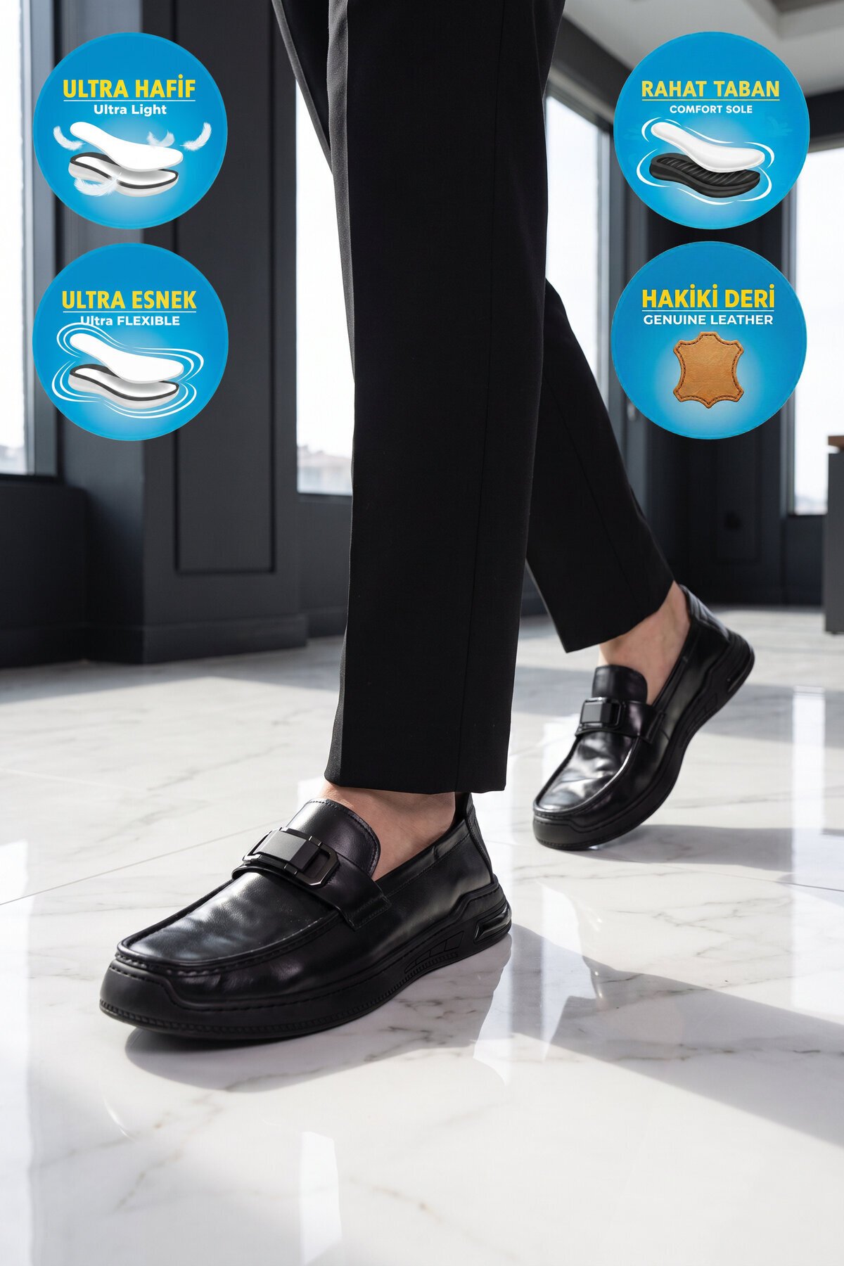 Erkek Şık Rahat Hafif Siyah Hakiki Deri Makosen Casual Loafer Ayakkabı 26K590-2